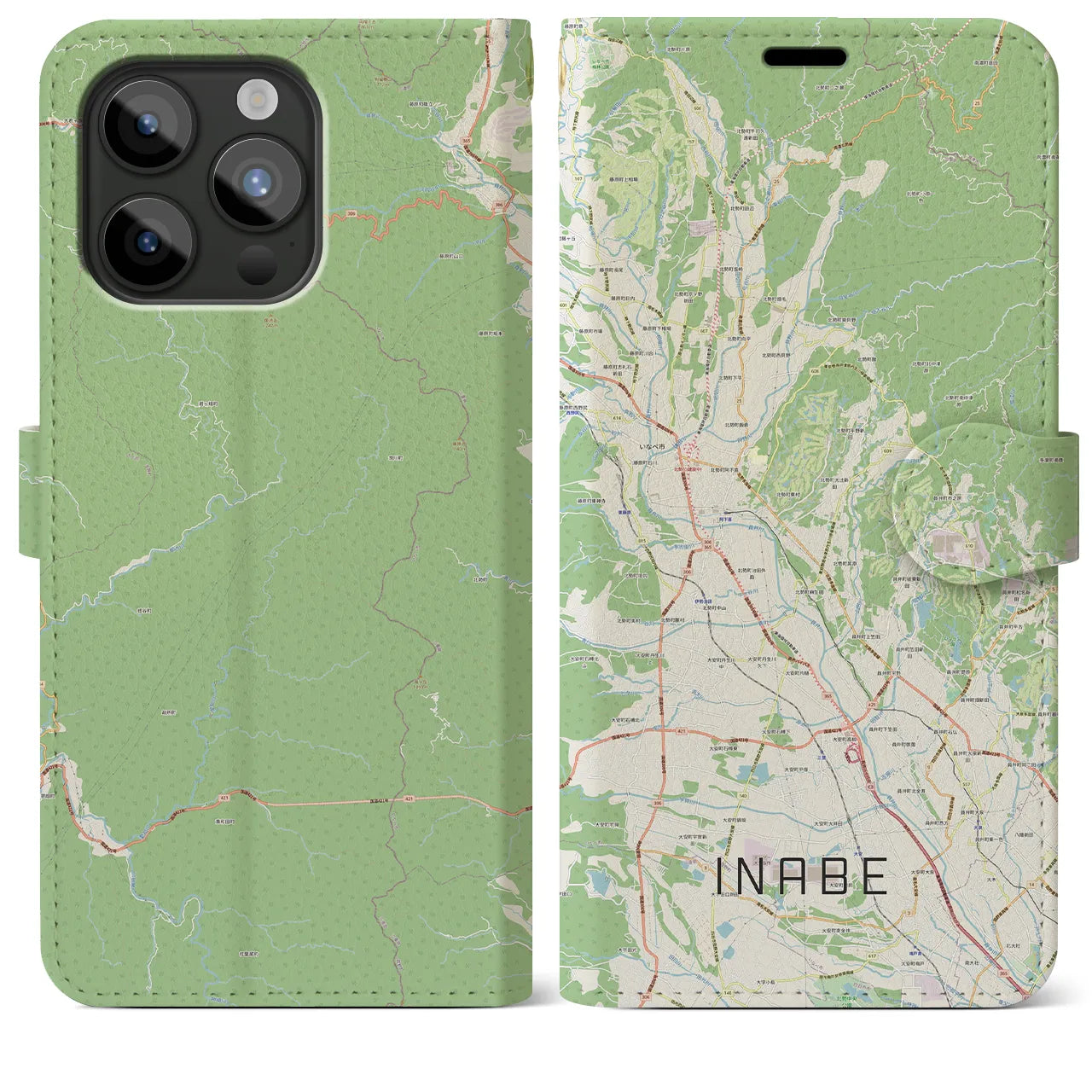 【いなべ(三重県)】地図柄iPhoneケース(手帳タイプ)ナチュラル・iPhone 15 Pro Max 用