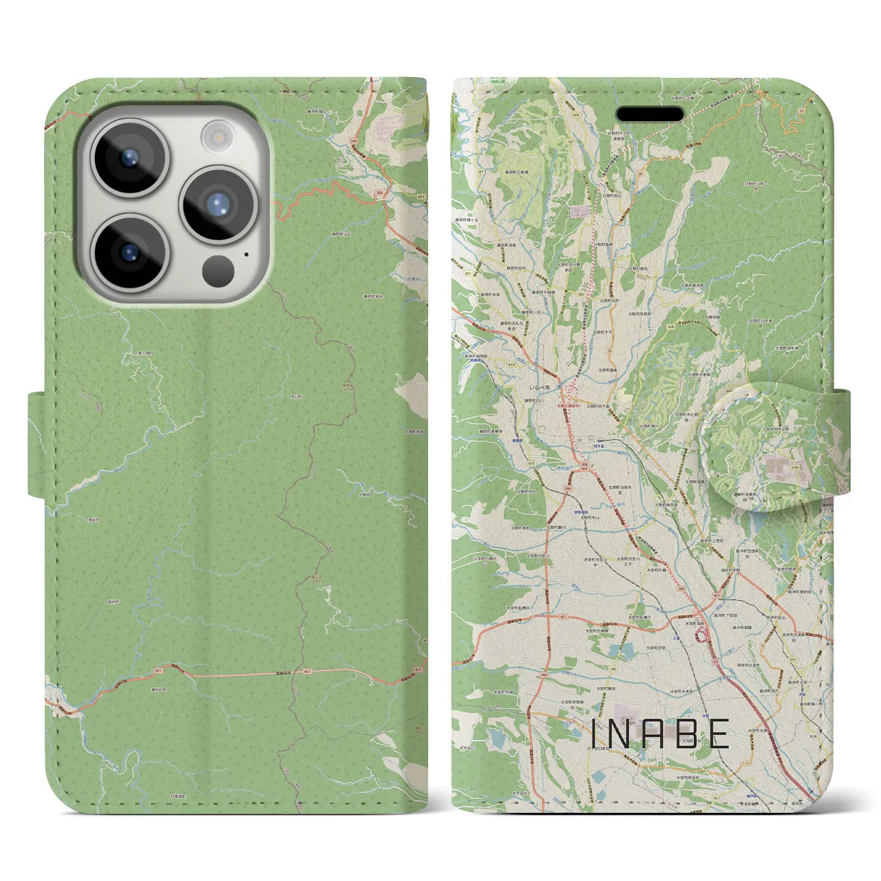 【いなべ(三重県)】地図柄iPhoneケース(手帳タイプ)ナチュラル・iPhone 15 Pro 用