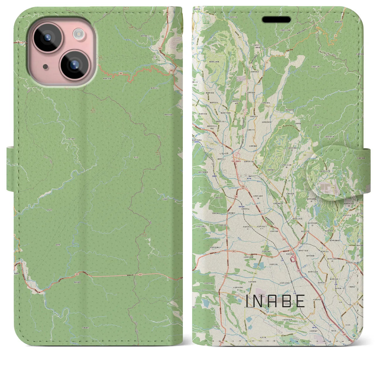 【いなべ(三重県)】地図柄iPhoneケース(手帳タイプ)ナチュラル・iPhone 15 Plus 用