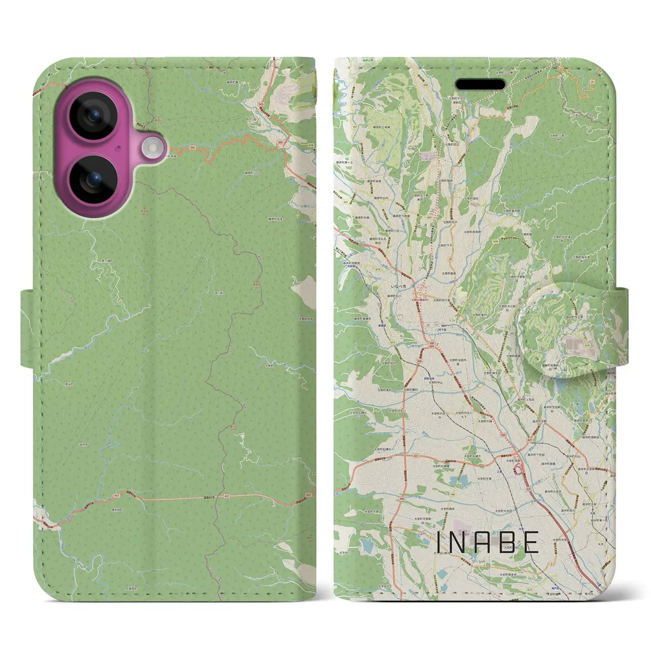 【いなべ(三重県)】地図柄iPhoneケース(手帳タイプ)ナチュラル・iPhone 16 Pro 用