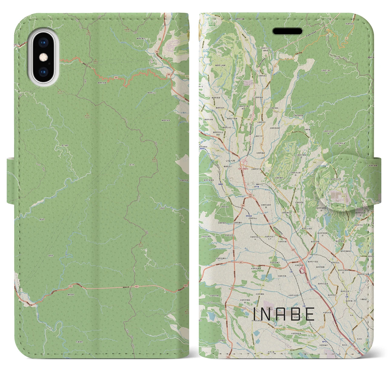 【いなべ(三重県)】地図柄iPhoneケース(手帳タイプ)ナチュラル・iPhone XS Max 用