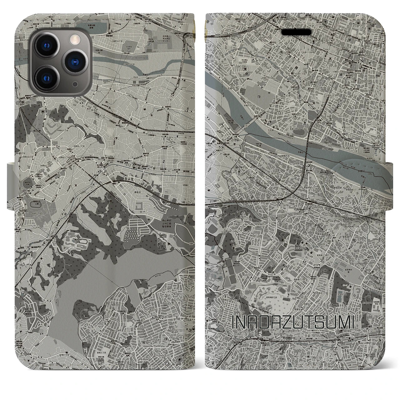 【稲田堤(神奈川県)】地図柄iPhoneケース(手帳タイプ)モノトーン・iPhone 11 Pro Max 用