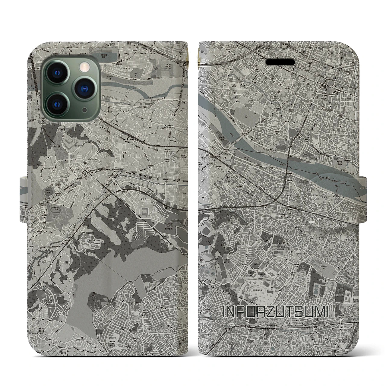 【稲田堤(神奈川県)】地図柄iPhoneケース(手帳タイプ)モノトーン・iPhone 11 Pro 用
