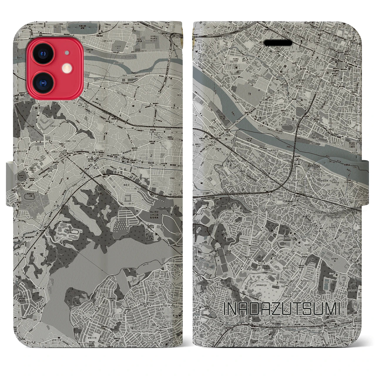 【稲田堤(神奈川県)】地図柄iPhoneケース(手帳タイプ)モノトーン・iPhone 11 用