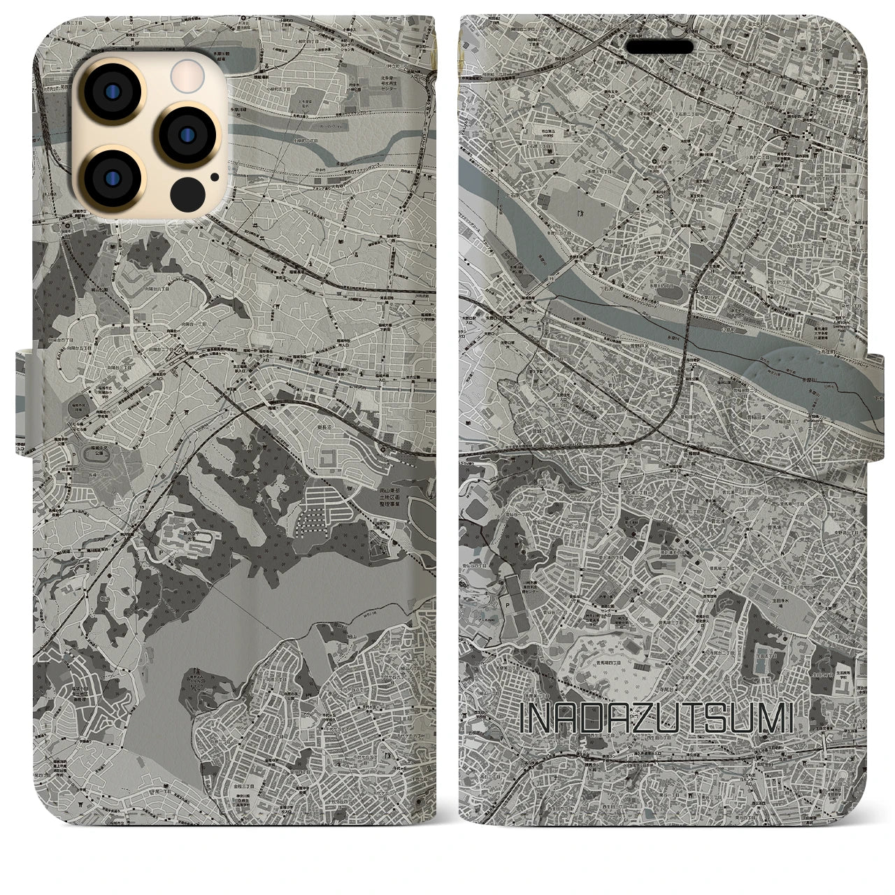 【稲田堤(神奈川県)】地図柄iPhoneケース(手帳タイプ)モノトーン・iPhone 12 Pro Max 用