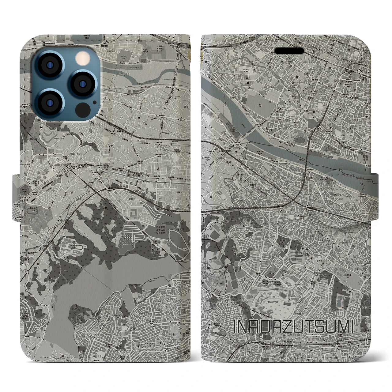 【稲田堤(神奈川県)】地図柄iPhoneケース(手帳タイプ)モノトーン・iPhone 12 / 12 Pro 用