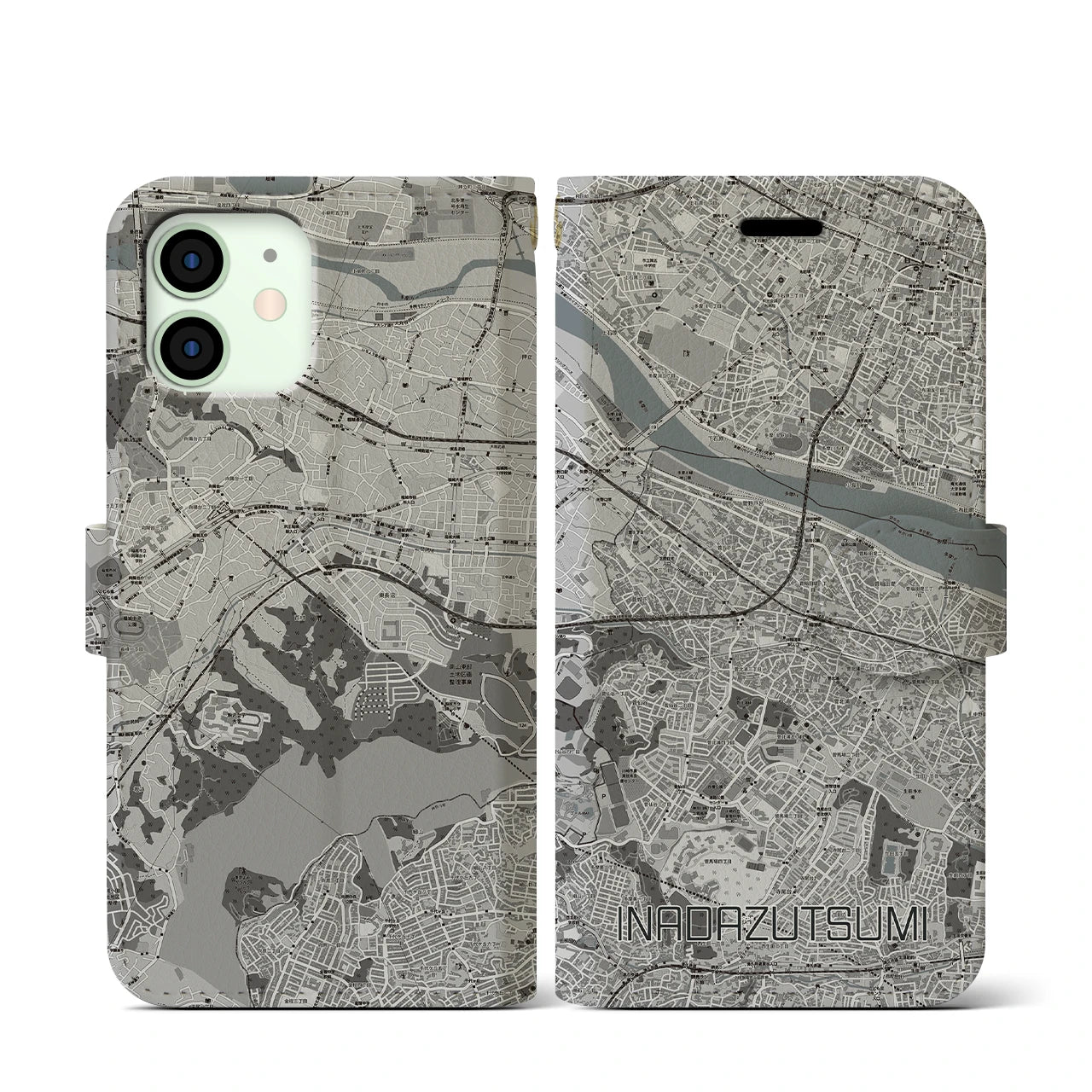 【稲田堤(神奈川県)】地図柄iPhoneケース(手帳タイプ)モノトーン・iPhone 12 mini 用