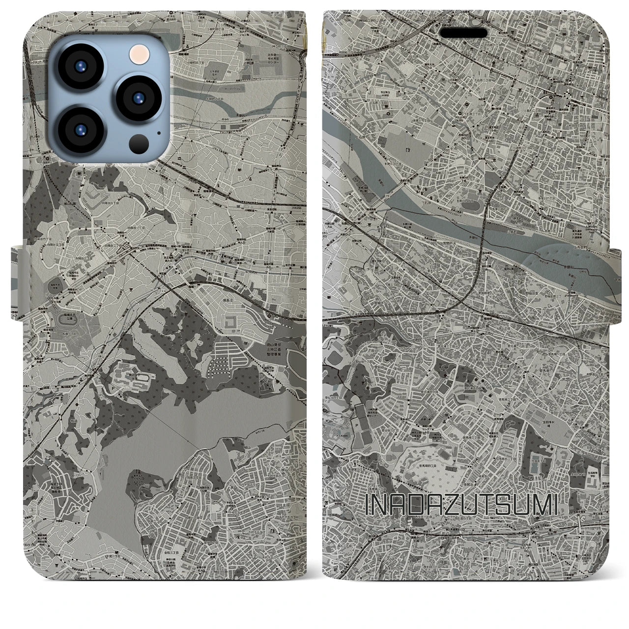 【稲田堤(神奈川県)】地図柄iPhoneケース(手帳タイプ)モノトーン・iPhone 13 Pro Max 用