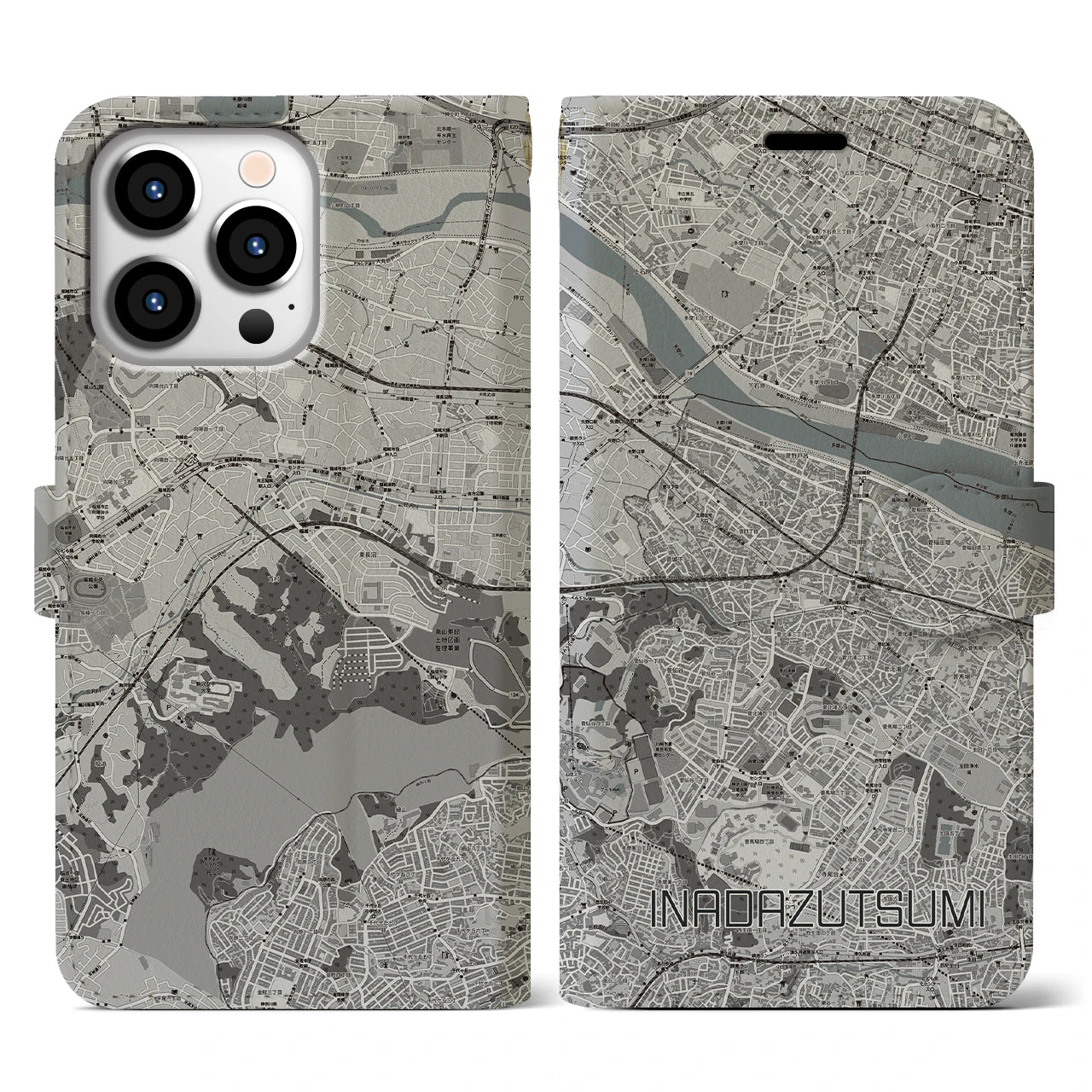 【稲田堤(神奈川県)】地図柄iPhoneケース(手帳タイプ)モノトーン・iPhone 13 Pro 用