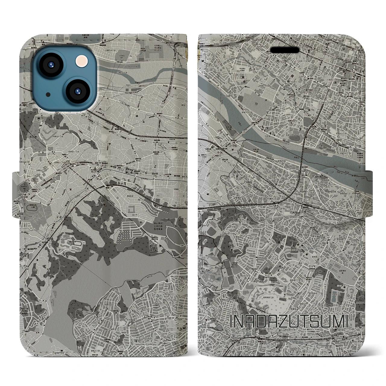 【稲田堤(神奈川県)】地図柄iPhoneケース(手帳タイプ)モノトーン・iPhone 13 用