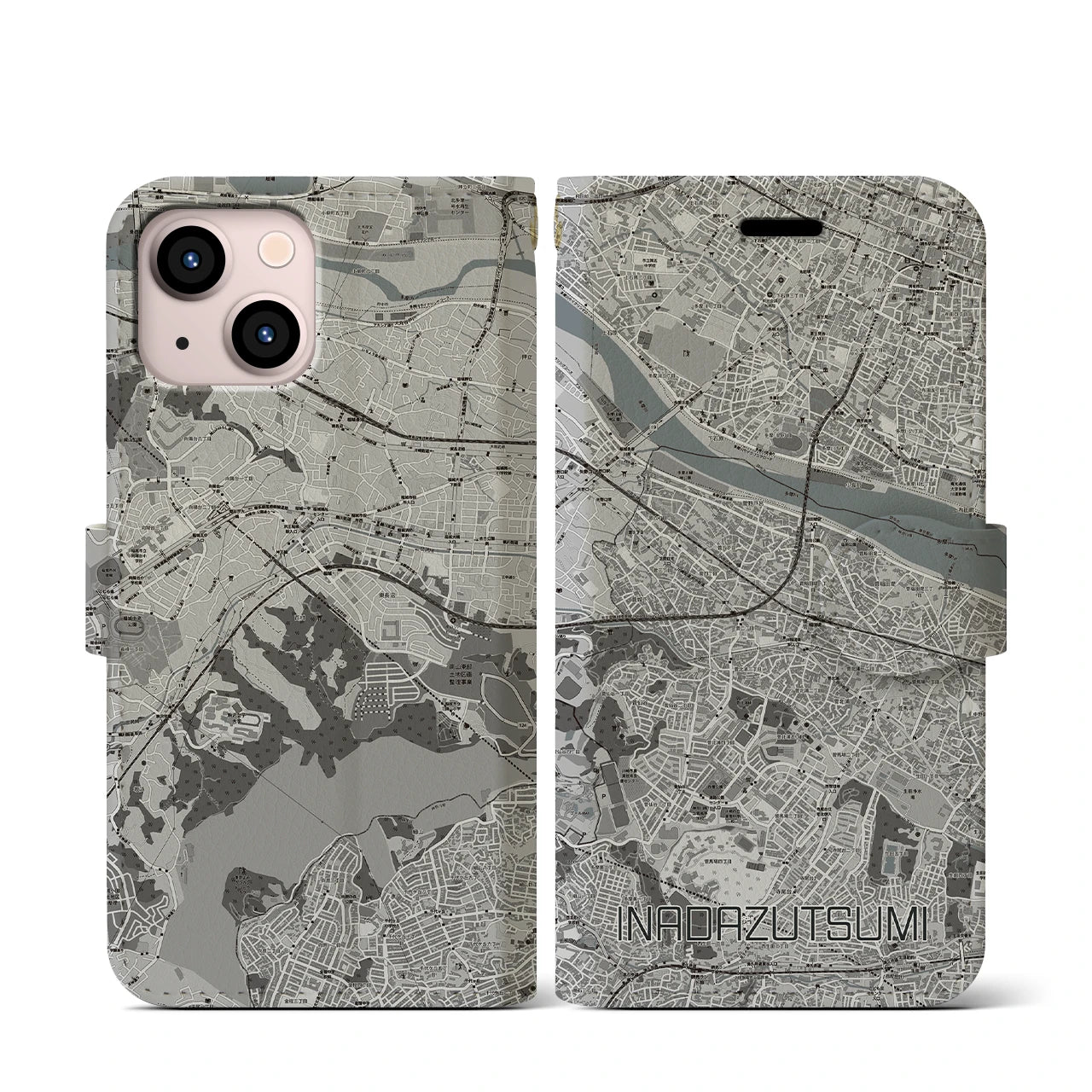 【稲田堤(神奈川県)】地図柄iPhoneケース(手帳タイプ)モノトーン・iPhone 13 mini 用