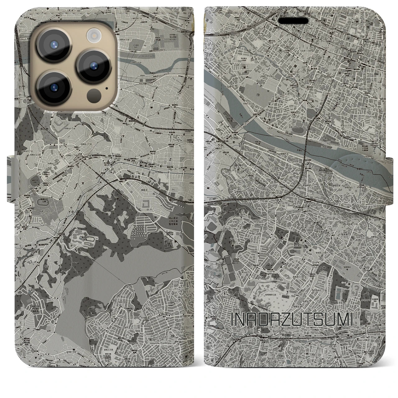 【稲田堤(神奈川県)】地図柄iPhoneケース(手帳タイプ)モノトーン・iPhone 14 Pro Max 用