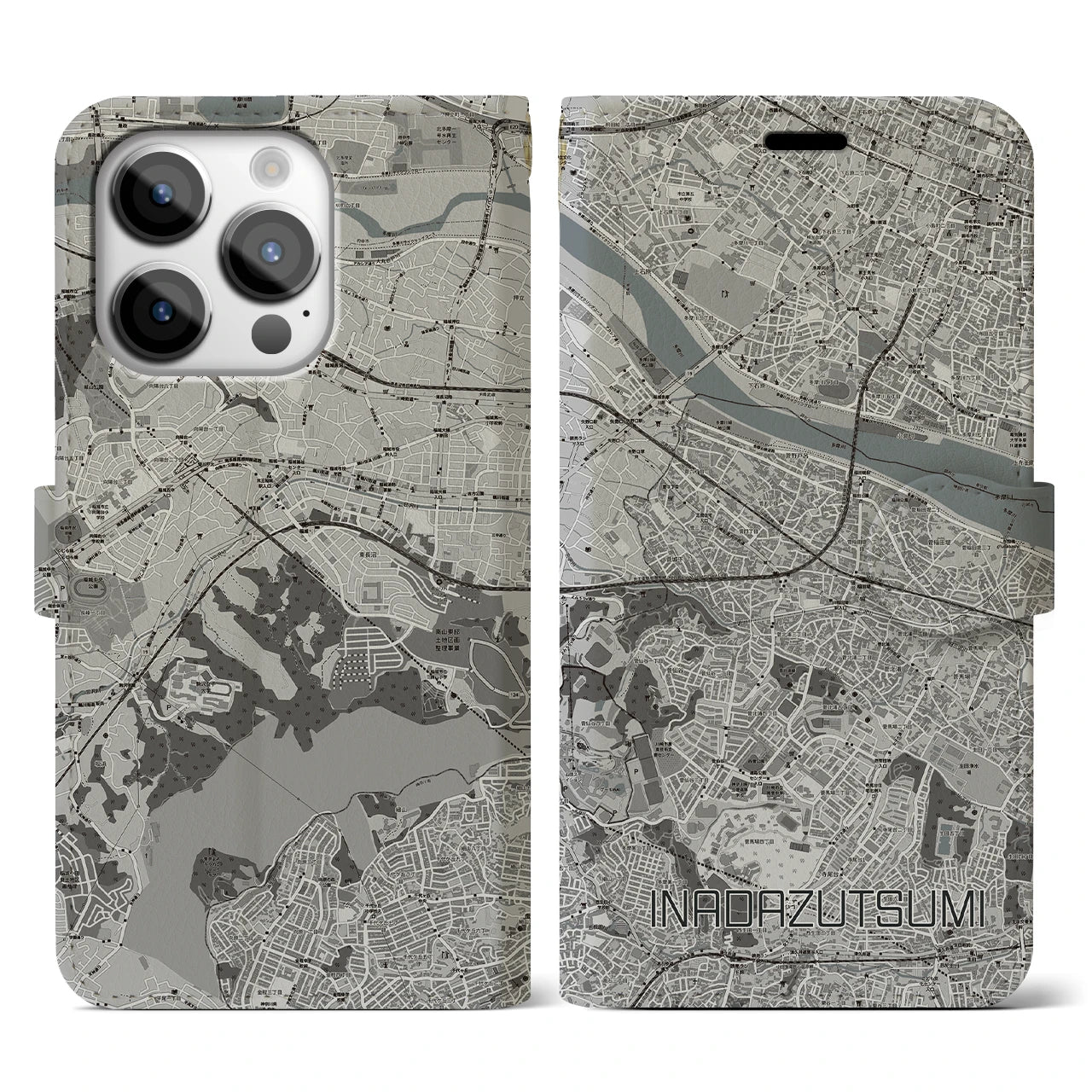 【稲田堤(神奈川県)】地図柄iPhoneケース(手帳タイプ)モノトーン・iPhone 14 Pro 用