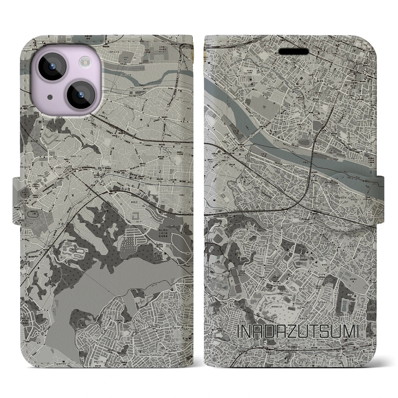 【稲田堤(神奈川県)】地図柄iPhoneケース(手帳タイプ)モノトーン・iPhone 14 用