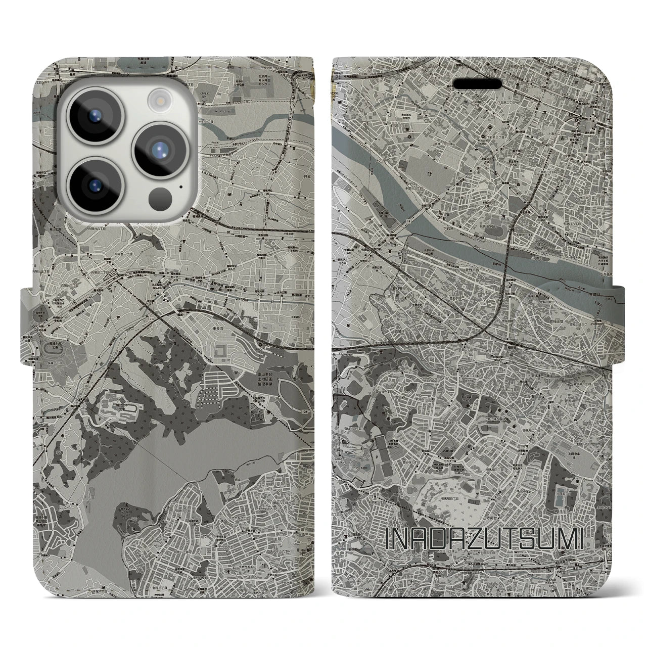 【稲田堤(神奈川県)】地図柄iPhoneケース(手帳タイプ)モノトーン・iPhone 15 Pro 用