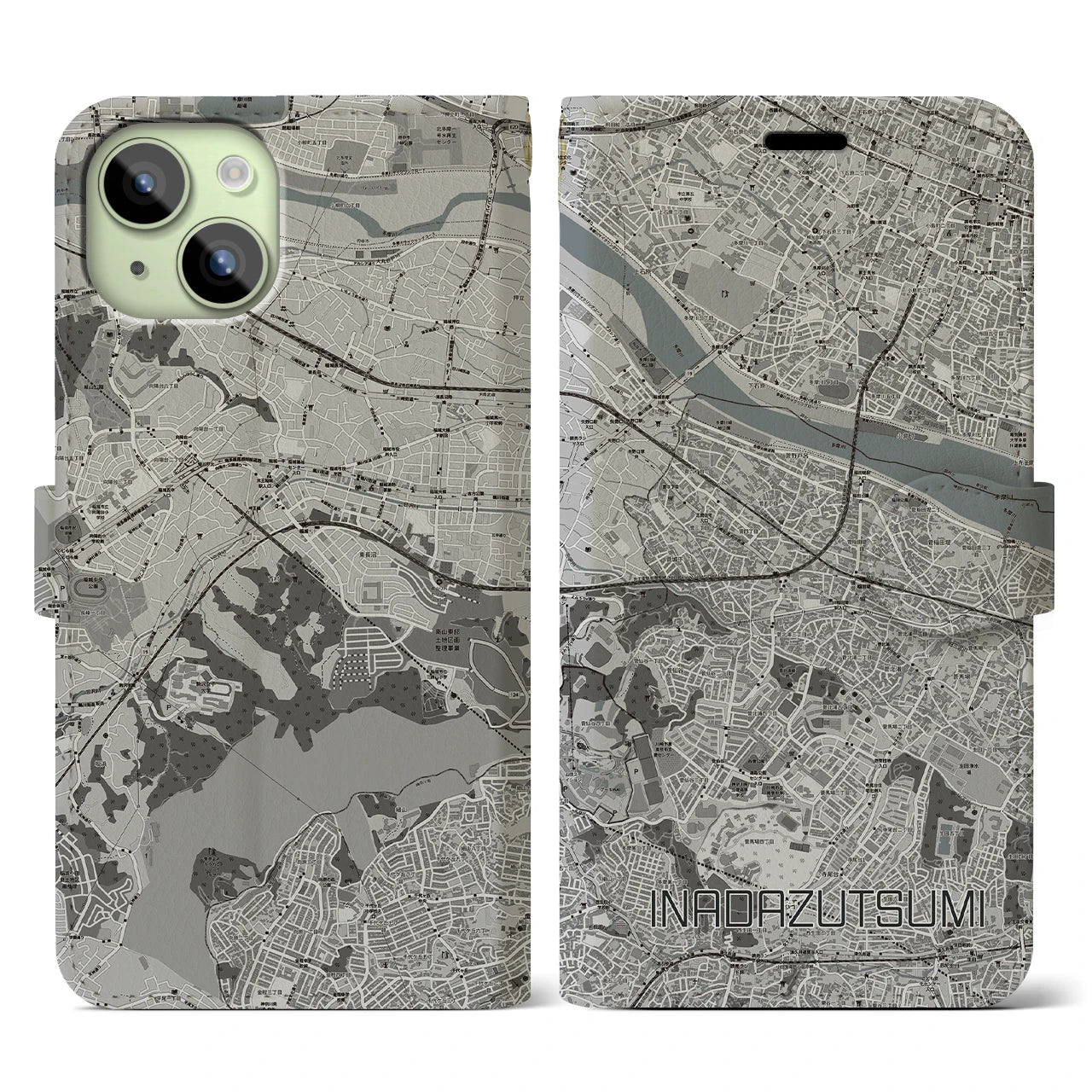 【稲田堤(神奈川県)】地図柄iPhoneケース(手帳タイプ)モノトーン・iPhone 15 用
