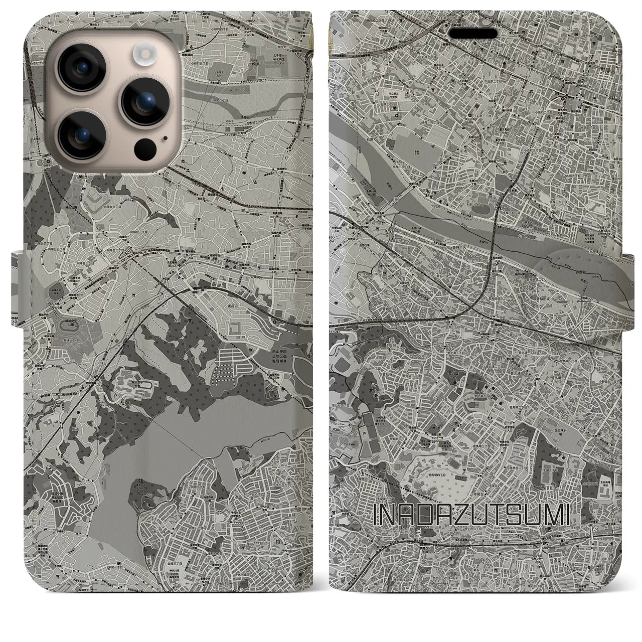 【稲田堤(神奈川県)】地図柄iPhoneケース(手帳タイプ)モノトーン・iPhone 16 Plus 用