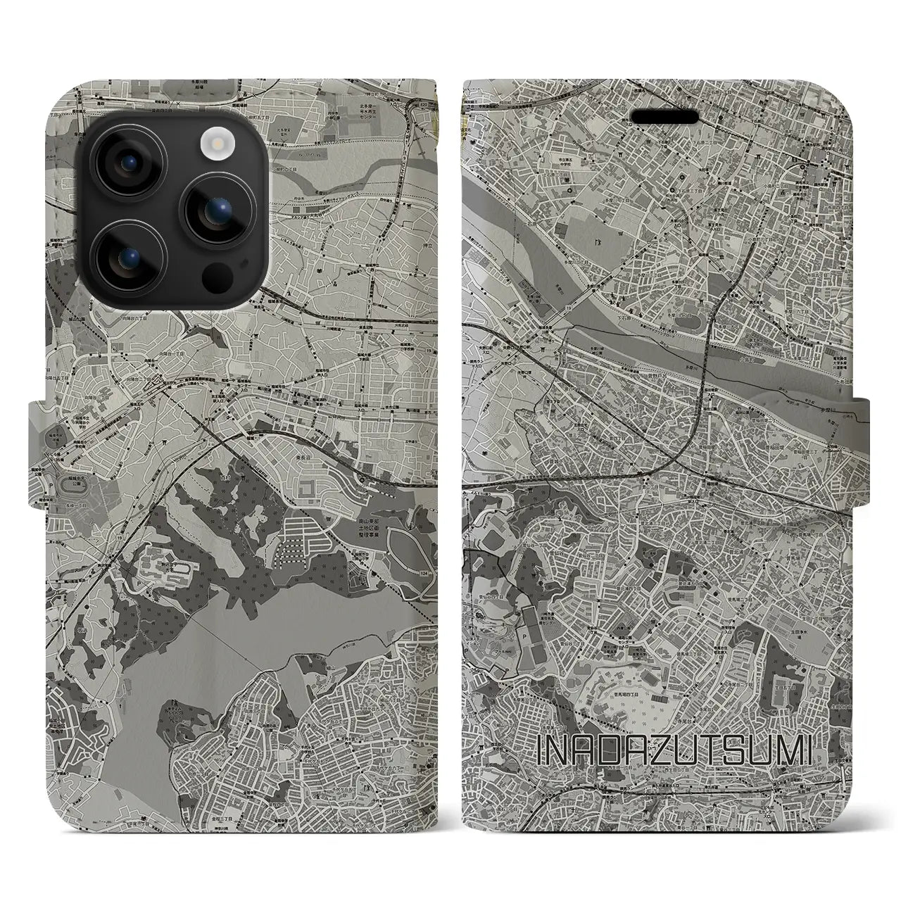 【稲田堤(神奈川県)】地図柄iPhoneケース(手帳タイプ)モノトーン・iPhone 16 用