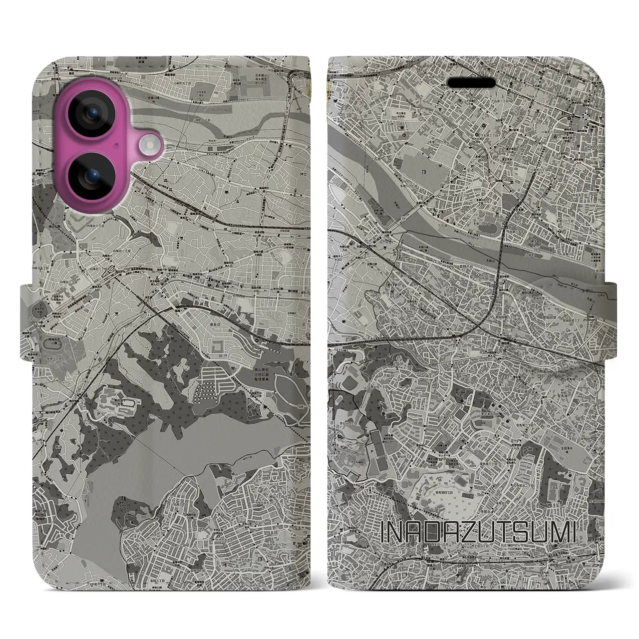 【稲田堤(神奈川県)】地図柄iPhoneケース(手帳タイプ)モノトーン・iPhone 16 Pro 用