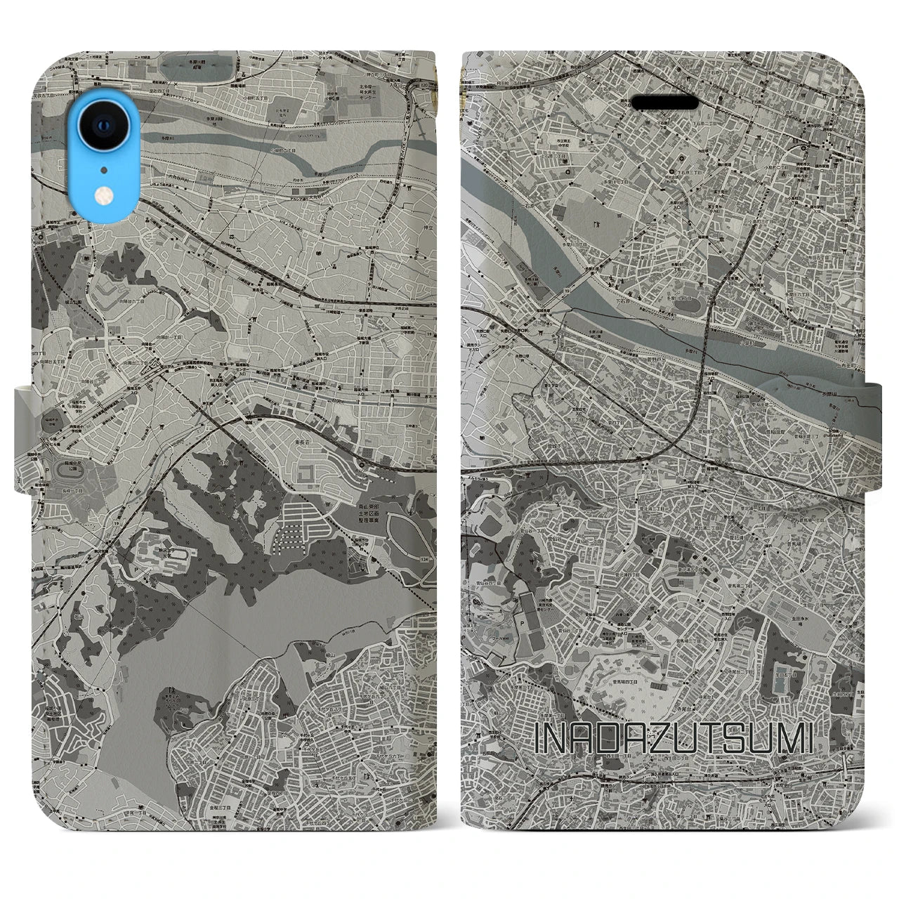 【稲田堤(神奈川県)】地図柄iPhoneケース(手帳タイプ)モノトーン・iPhone XR 用