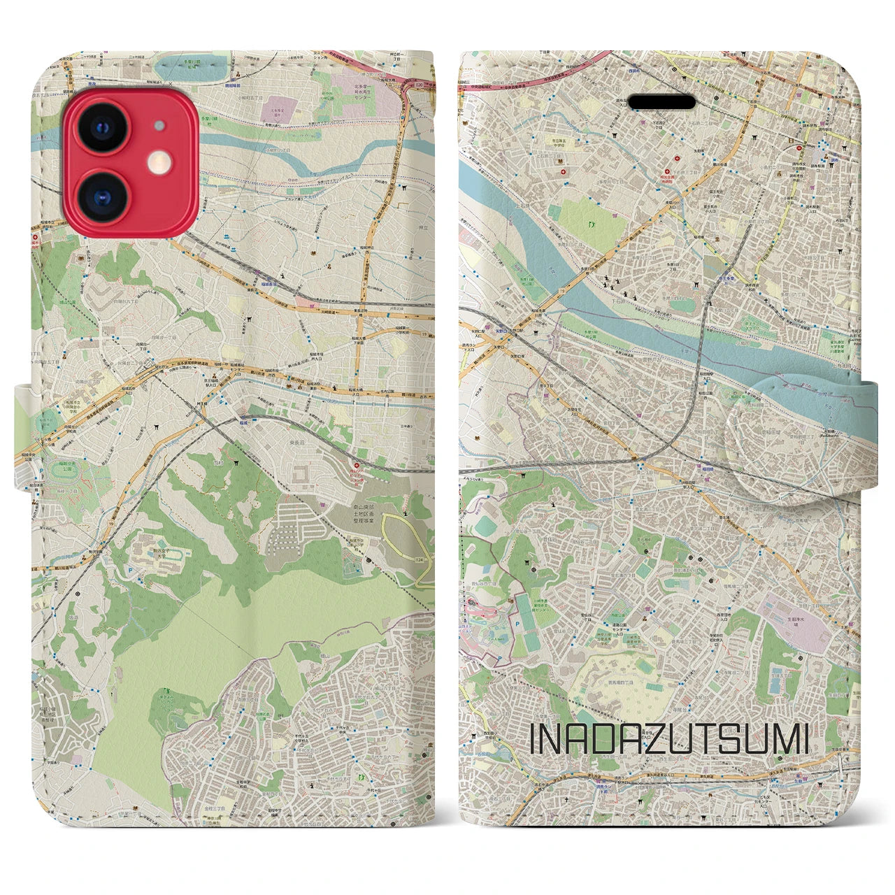 【稲田堤(神奈川県)】地図柄iPhoneケース(手帳タイプ)ナチュラル・iPhone 11 用
