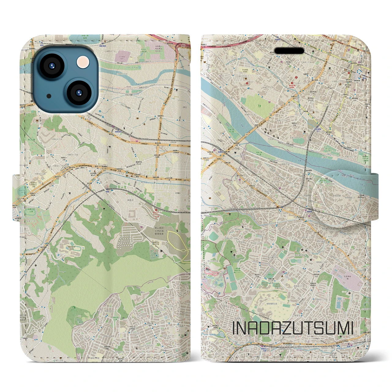 【稲田堤(神奈川県)】地図柄iPhoneケース(手帳タイプ)ナチュラル・iPhone 13 用