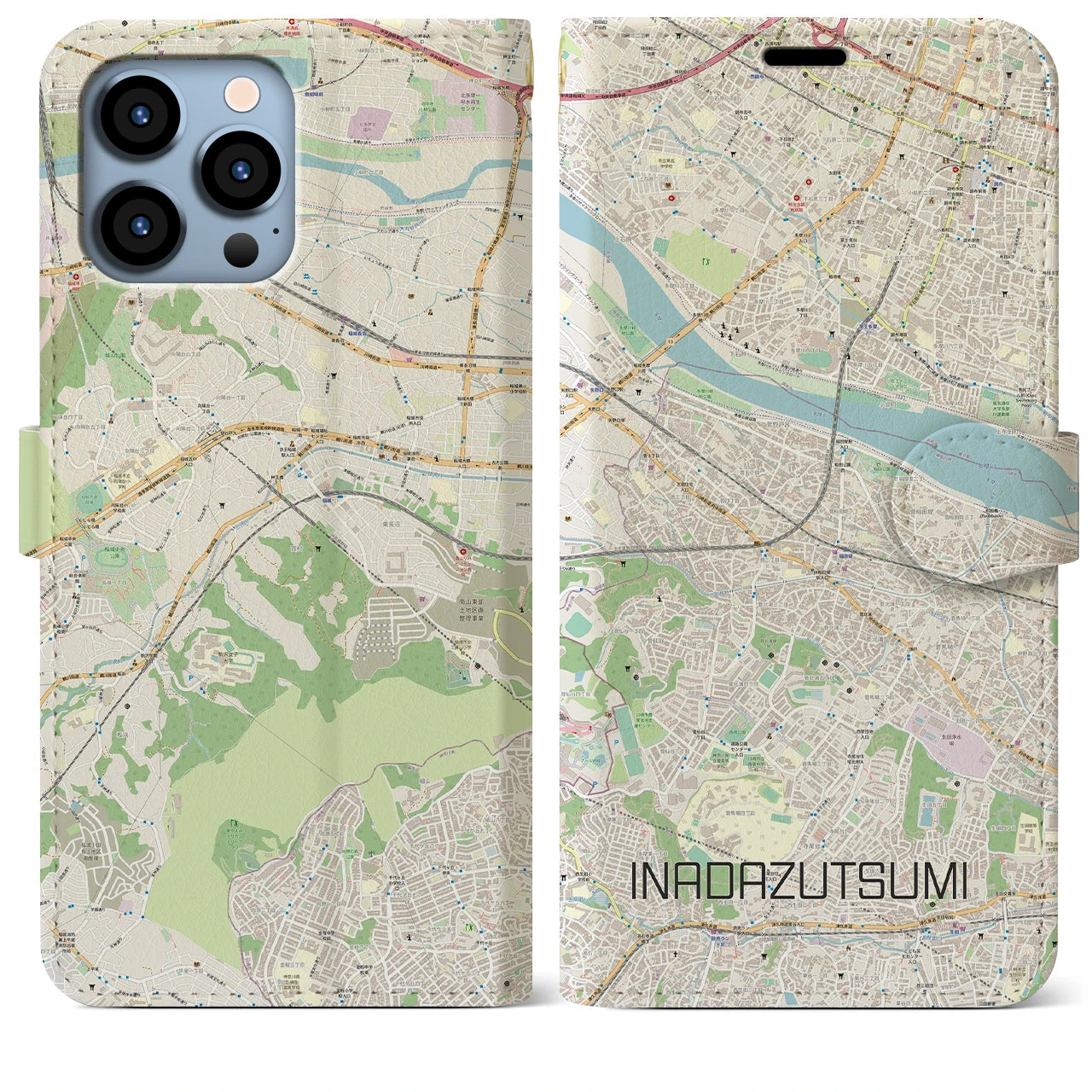 【稲田堤(神奈川県)】地図柄iPhoneケース(手帳タイプ)ナチュラル・iPhone 13 Pro Max 用