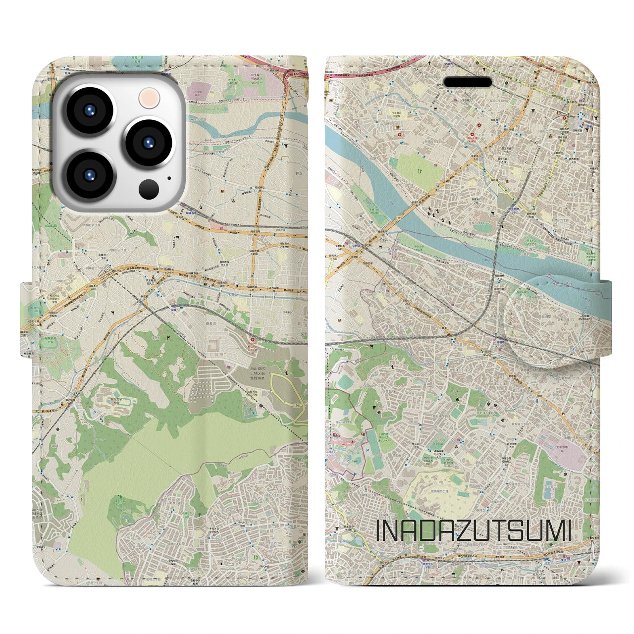 【稲田堤(神奈川県)】地図柄iPhoneケース(手帳タイプ)ナチュラル・iPhone 13 Pro 用