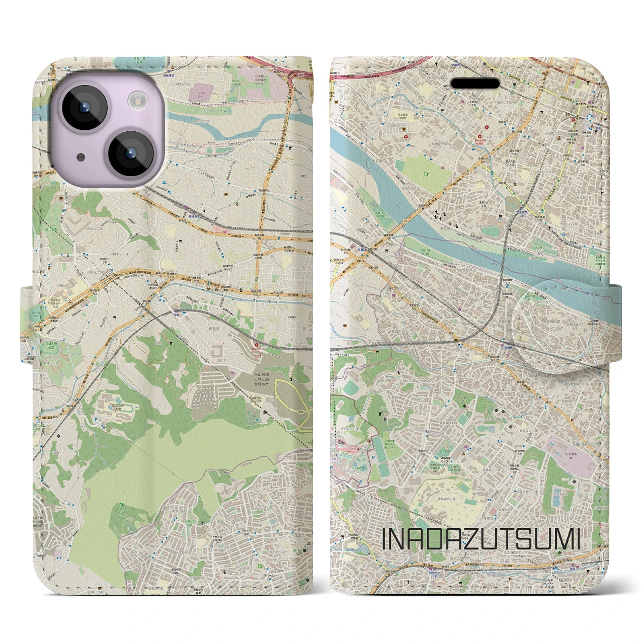 【稲田堤(神奈川県)】地図柄iPhoneケース(手帳タイプ)ナチュラル・iPhone 14 用