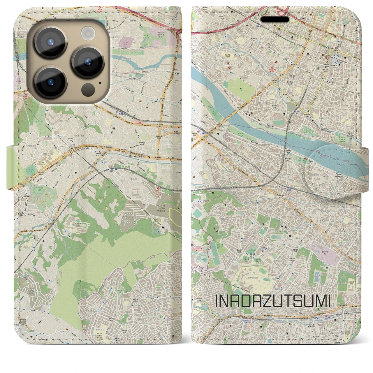 【稲田堤(神奈川県)】地図柄iPhoneケース(手帳タイプ)ナチュラル・iPhone 14 Pro Max 用