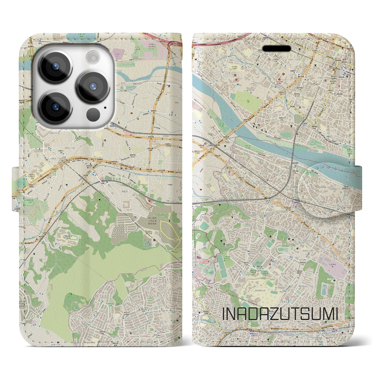 【稲田堤(神奈川県)】地図柄iPhoneケース(手帳タイプ)ナチュラル・iPhone 14 Pro 用