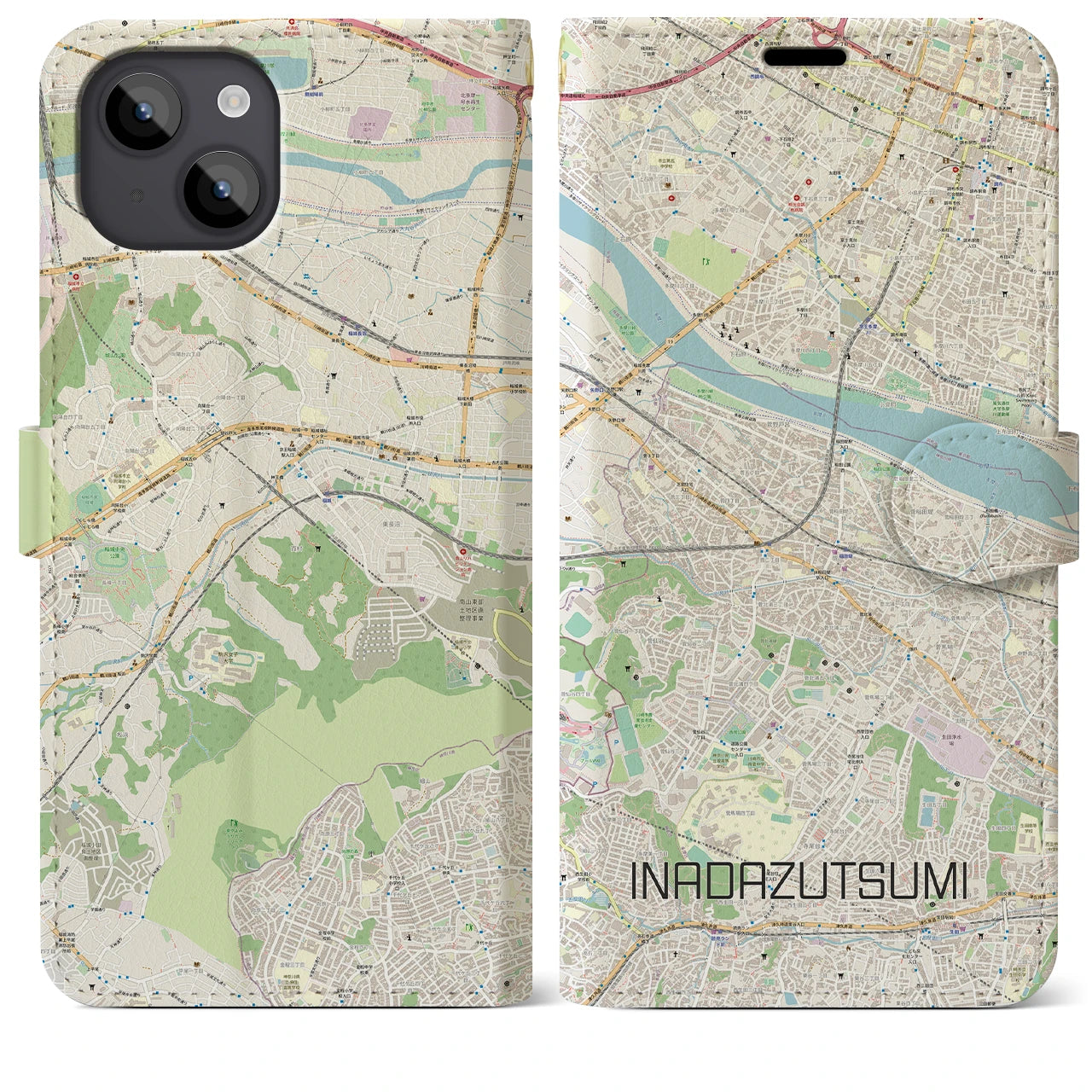【稲田堤(神奈川県)】地図柄iPhoneケース(手帳タイプ)ナチュラル・iPhone 14 Plus 用