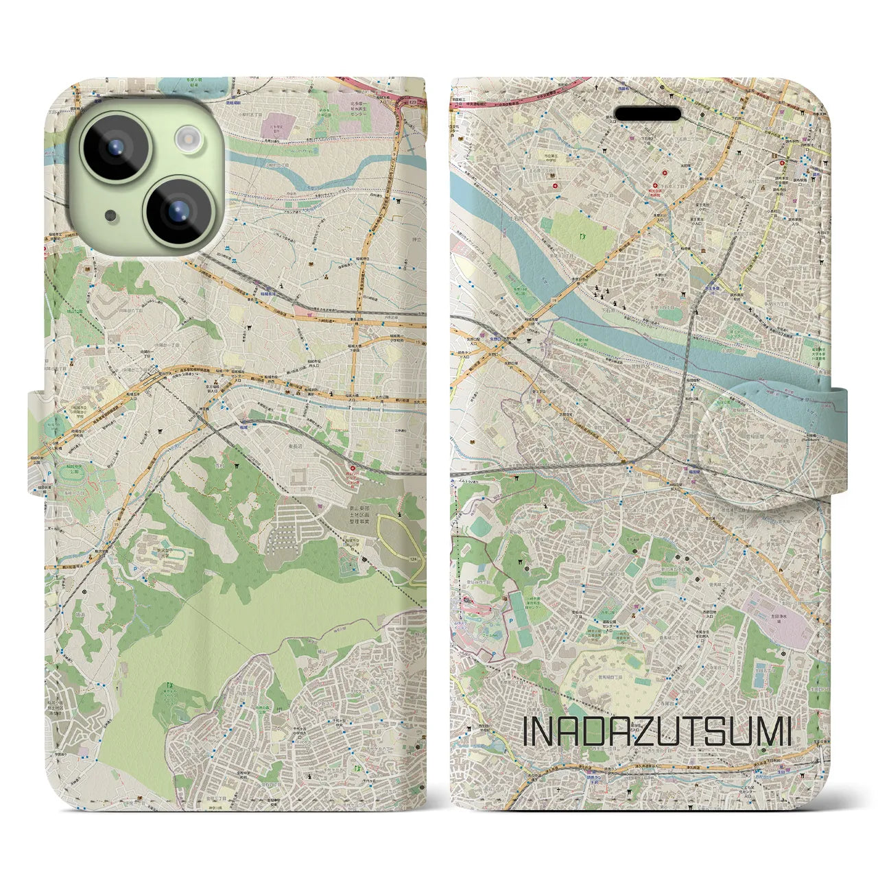 【稲田堤(神奈川県)】地図柄iPhoneケース(手帳タイプ)ナチュラル・iPhone 15 用