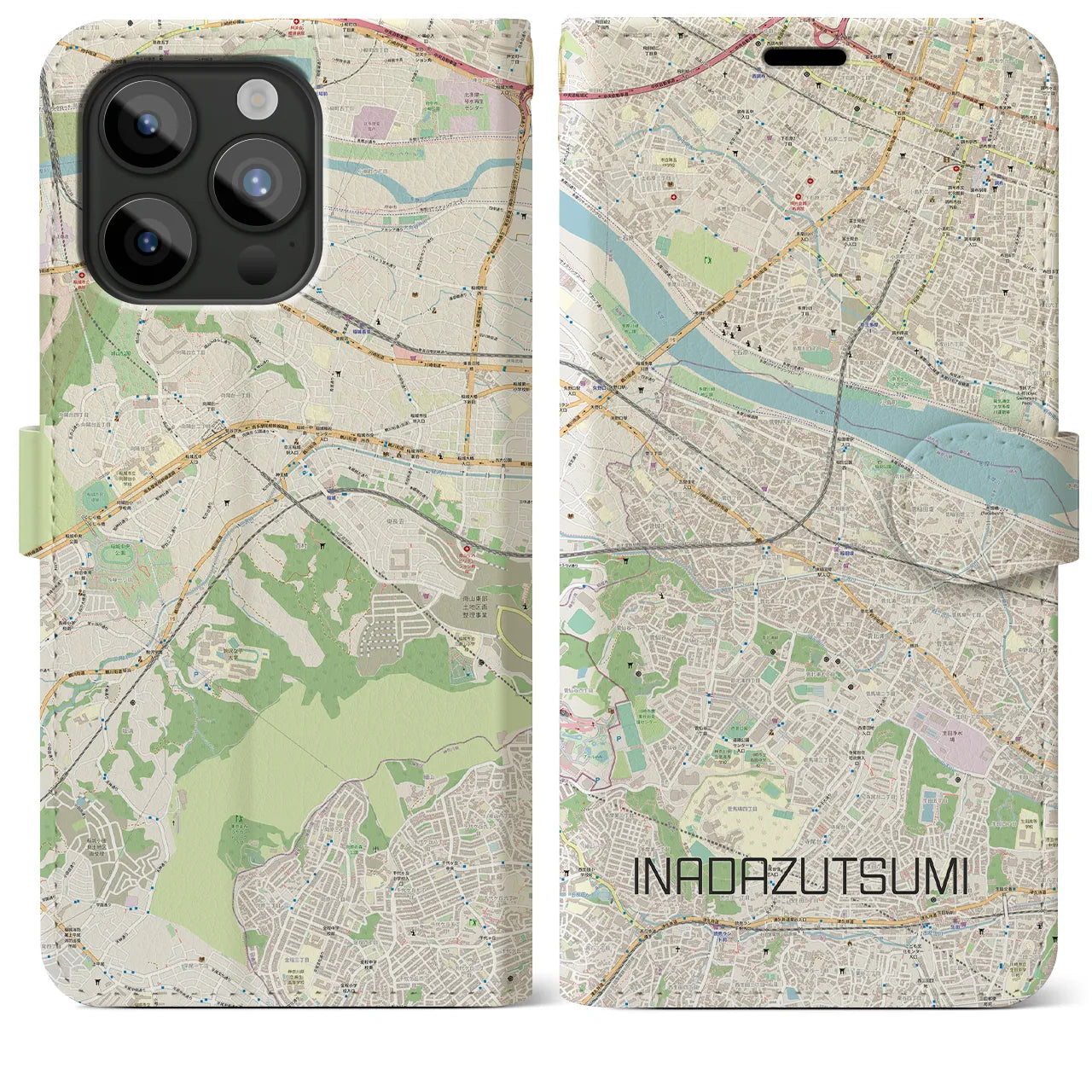 【稲田堤(神奈川県)】地図柄iPhoneケース(手帳タイプ)ナチュラル・iPhone 15 Pro Max 用