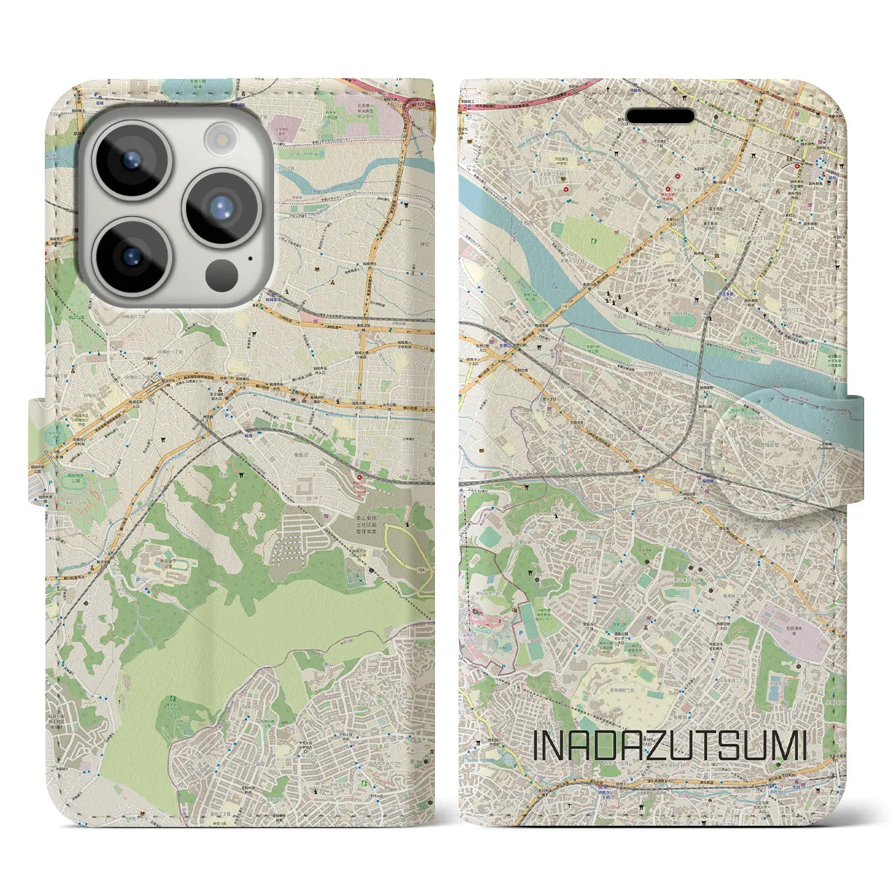 【稲田堤(神奈川県)】地図柄iPhoneケース(手帳タイプ)ナチュラル・iPhone 15 Pro 用