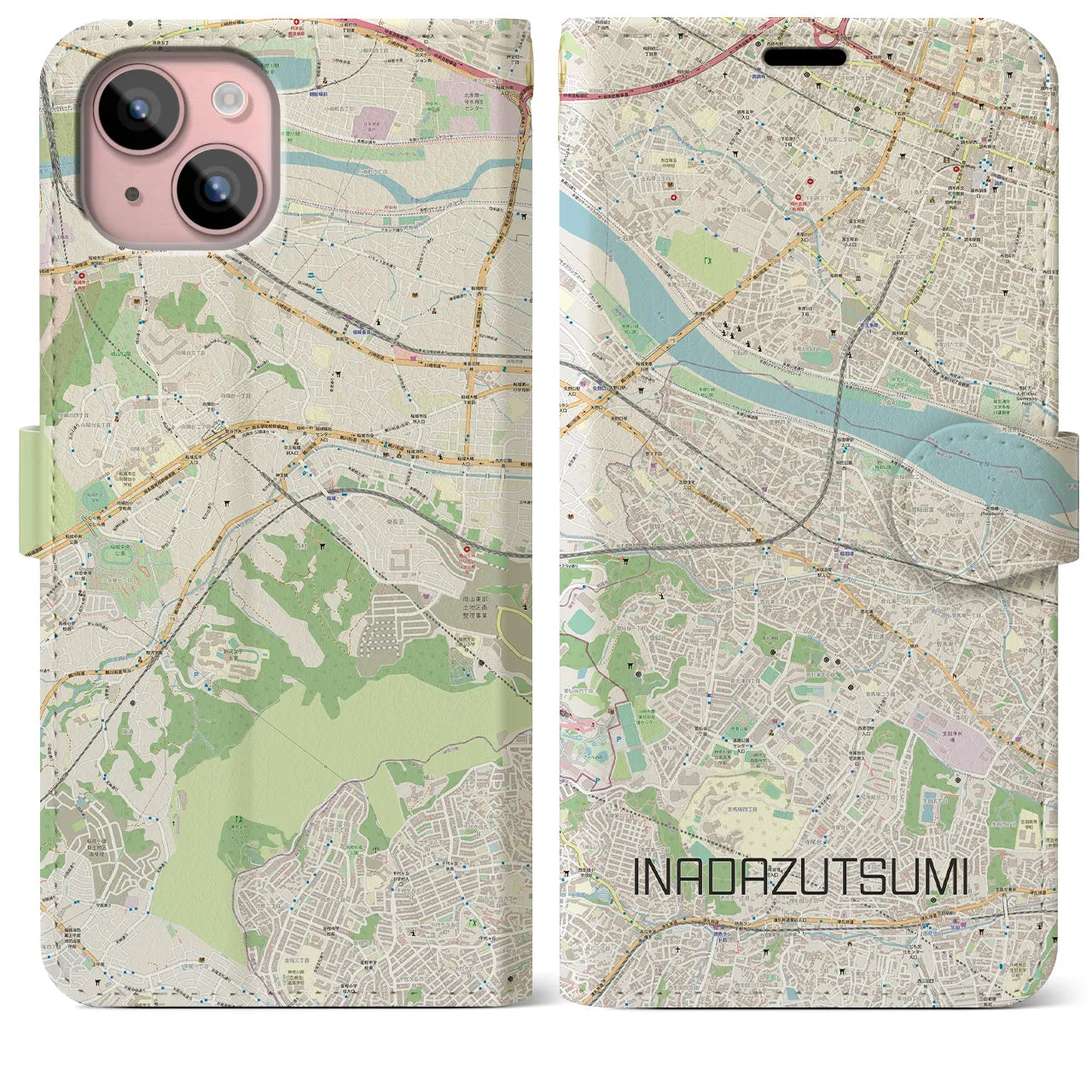 【稲田堤(神奈川県)】地図柄iPhoneケース(手帳タイプ)ナチュラル・iPhone 15 Plus 用