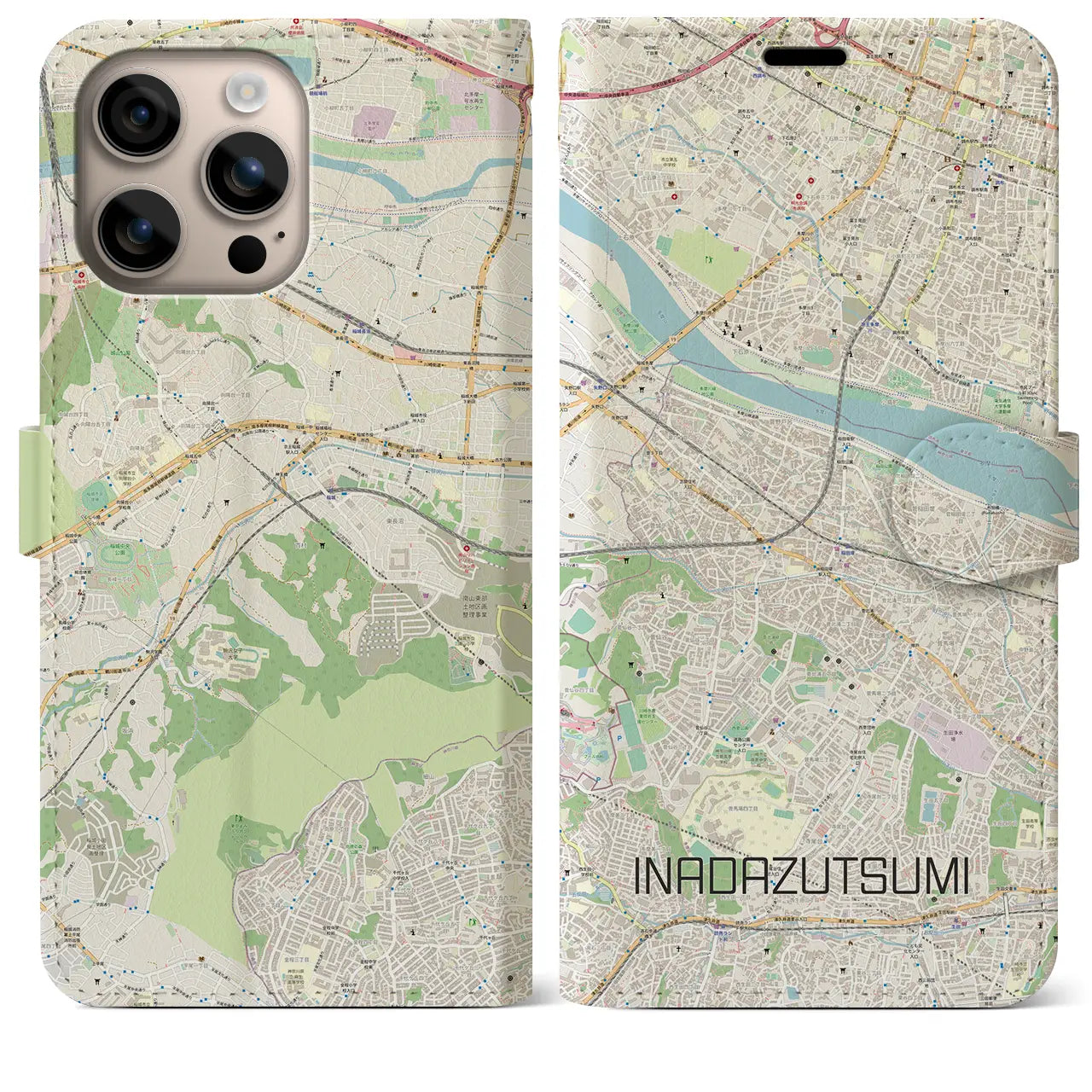 【稲田堤(神奈川県)】地図柄iPhoneケース(手帳タイプ)ナチュラル・iPhone 16 Plus 用