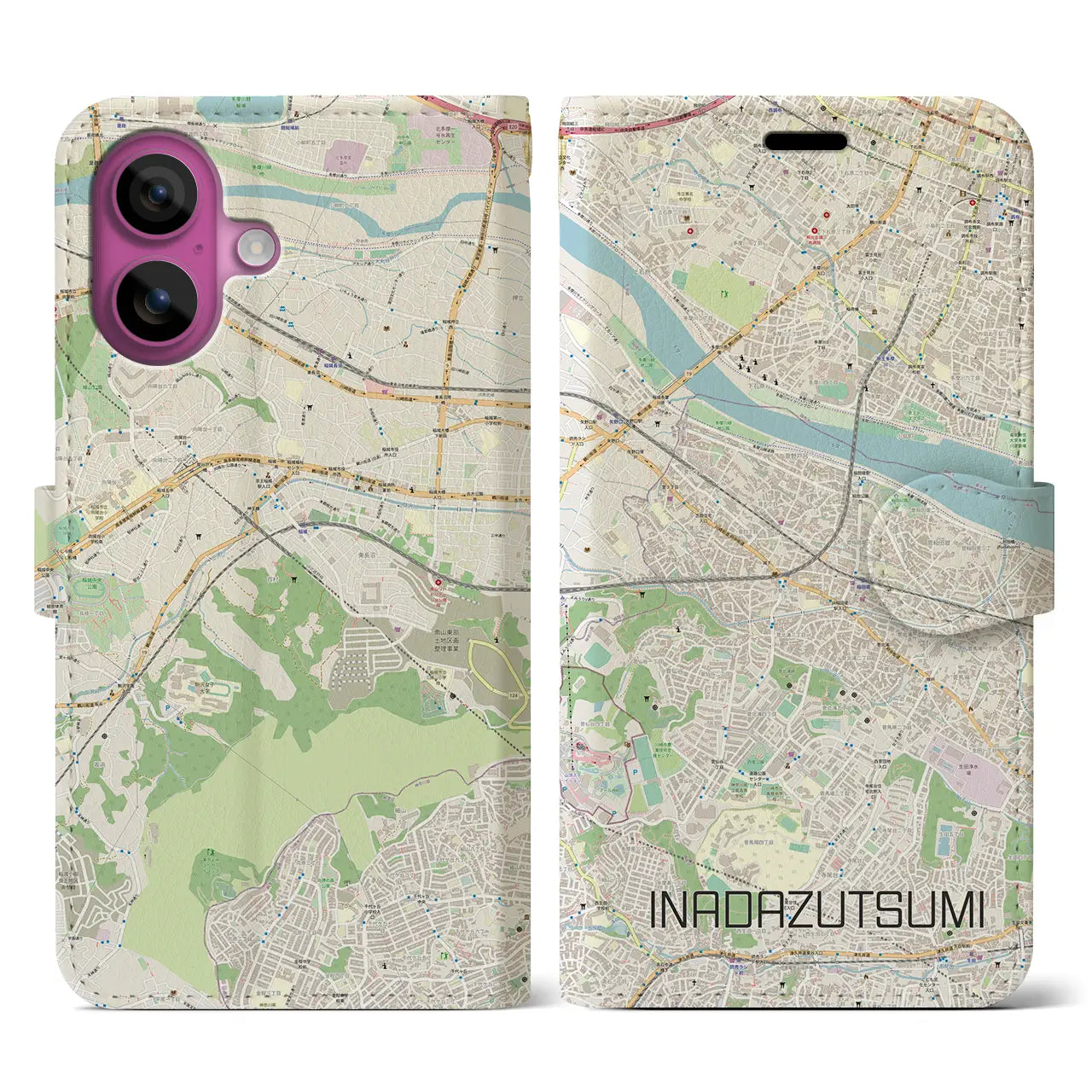 【稲田堤(神奈川県)】地図柄iPhoneケース(手帳タイプ)ナチュラル・iPhone 16 Pro 用