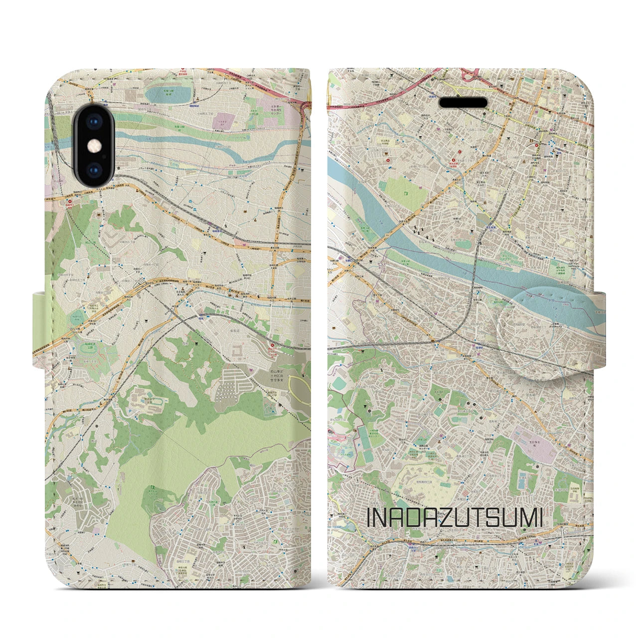 【稲田堤(神奈川県)】地図柄iPhoneケース(手帳タイプ)ナチュラル・iPhone XS / X 用