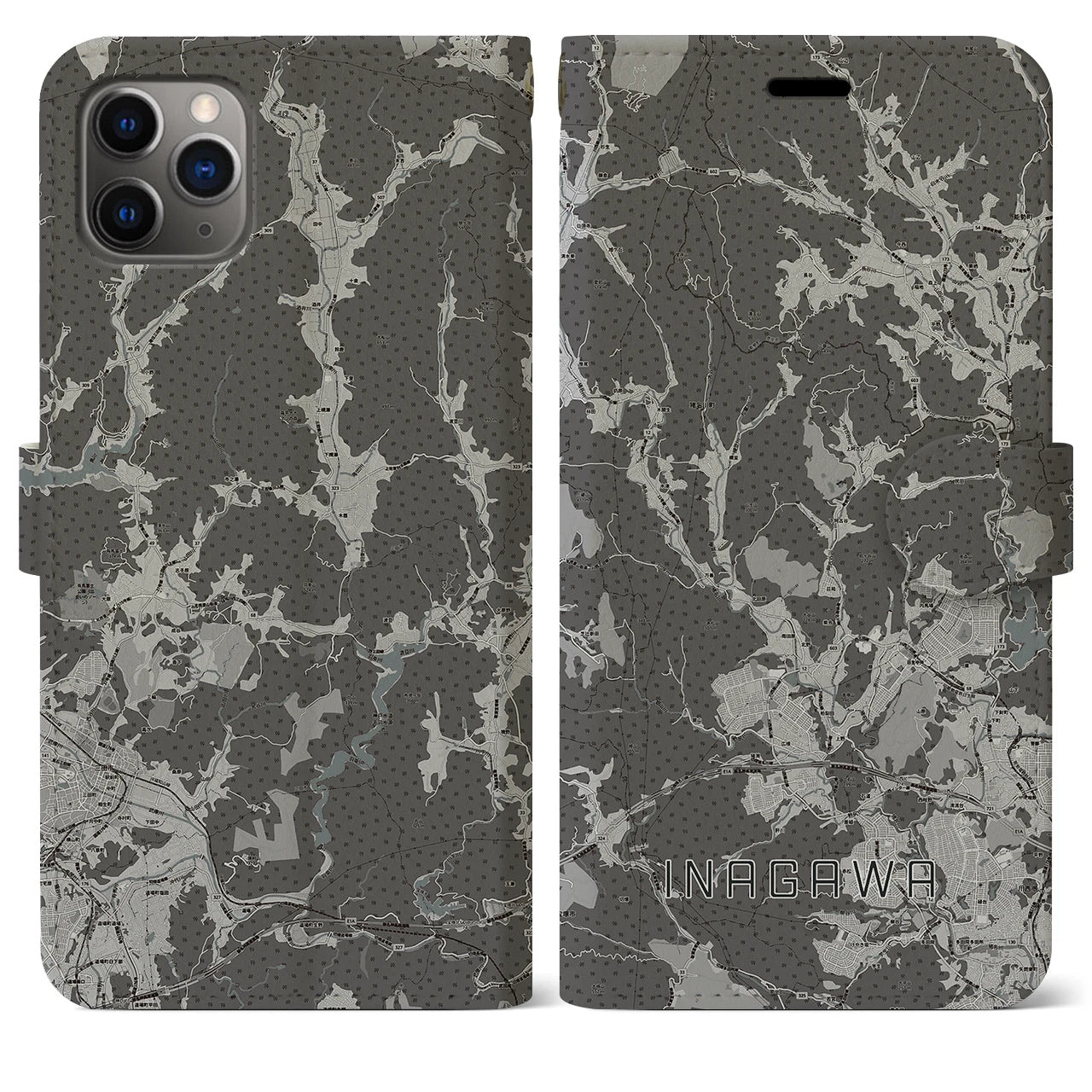 【猪名川(兵庫県)】地図柄iPhoneケース(手帳タイプ)モノトーン・iPhone 11 Pro Max 用