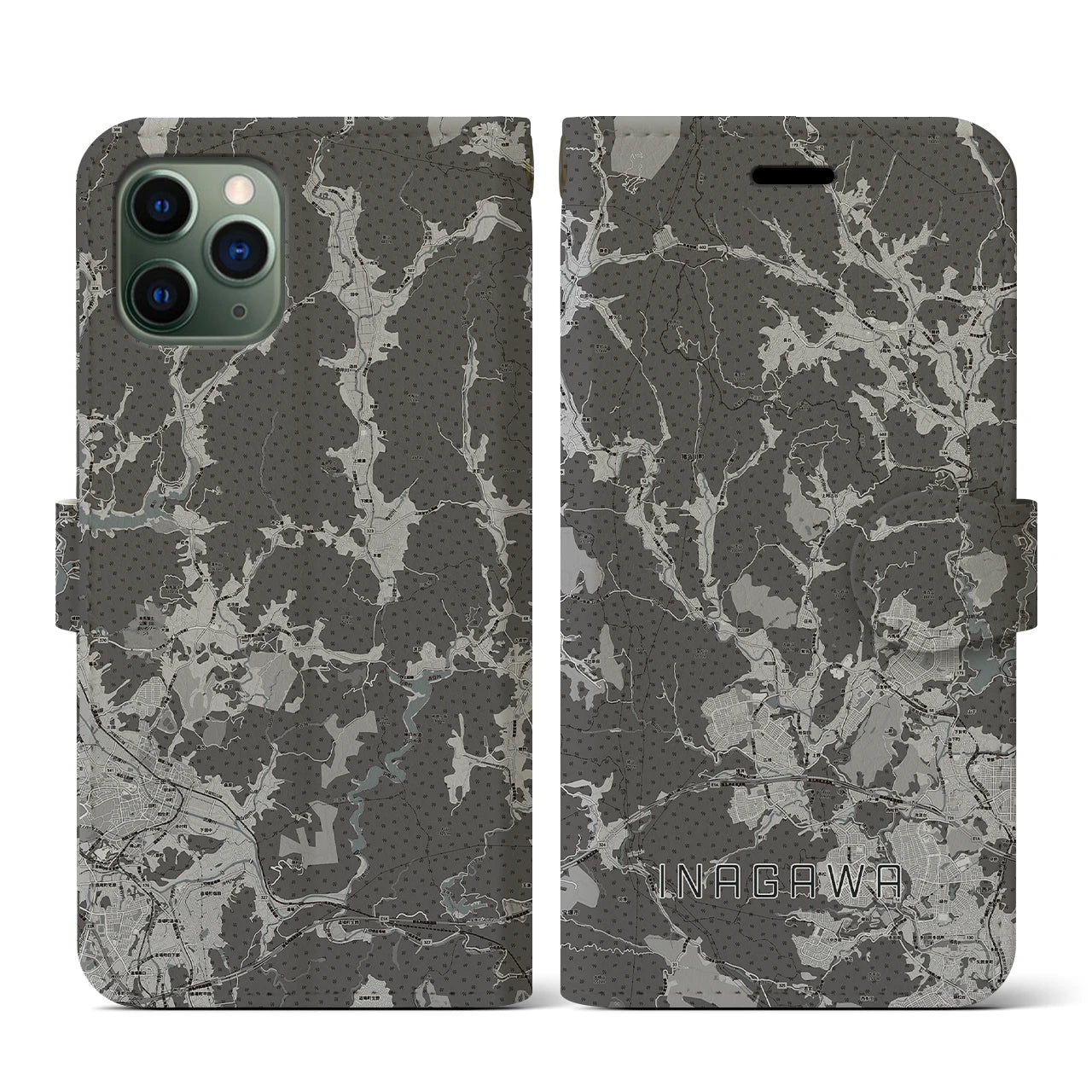 【猪名川(兵庫県)】地図柄iPhoneケース(手帳タイプ)モノトーン・iPhone 11 Pro 用