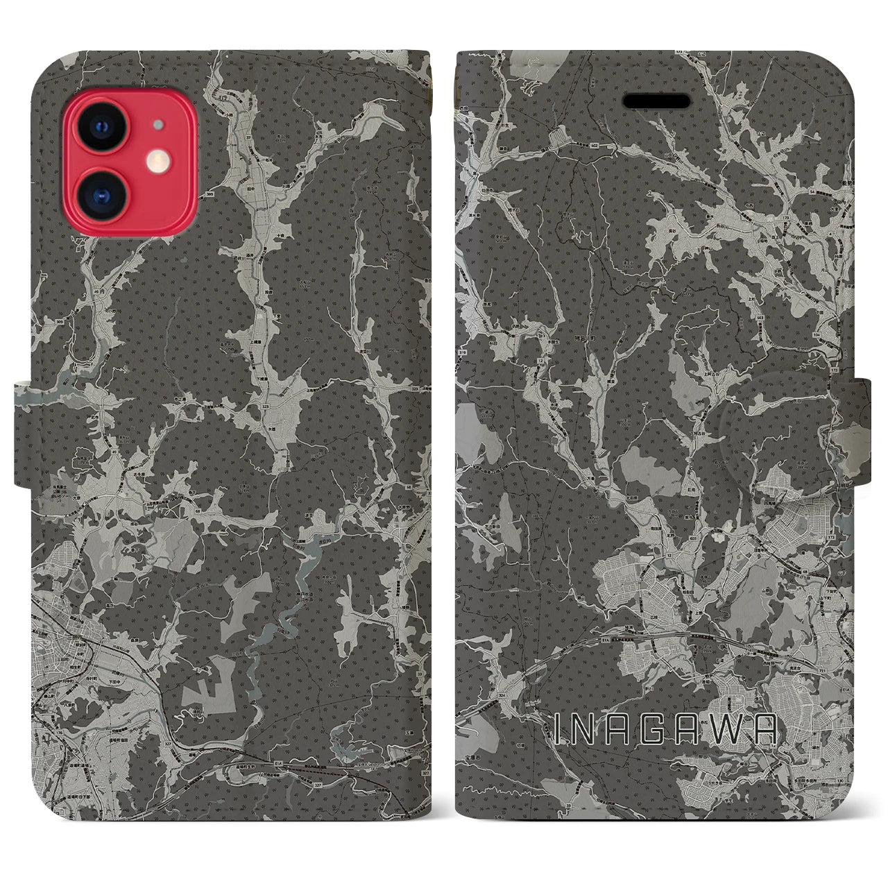 【猪名川(兵庫県)】地図柄iPhoneケース(手帳タイプ)モノトーン・iPhone 11 用