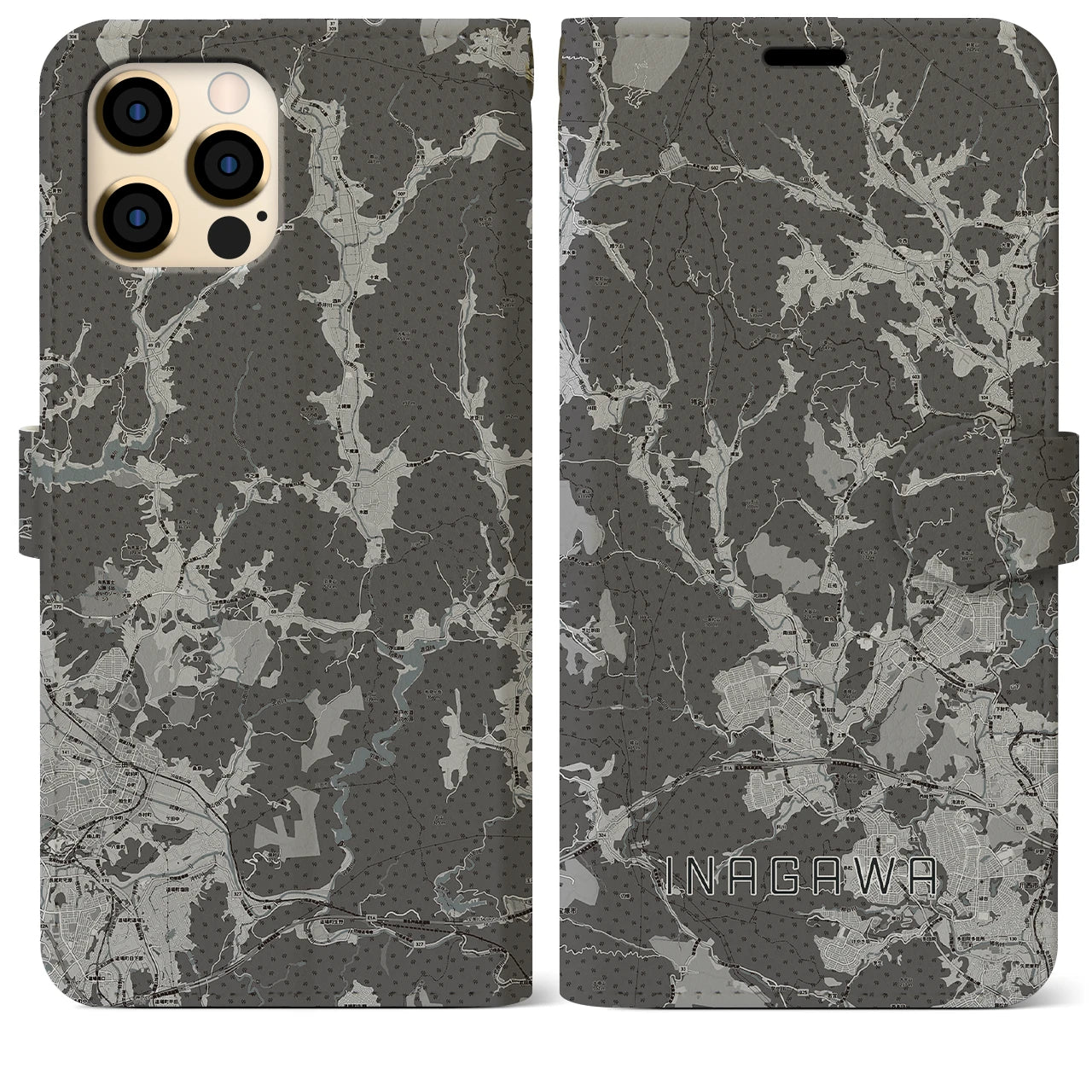 【猪名川(兵庫県)】地図柄iPhoneケース(手帳タイプ)モノトーン・iPhone 12 Pro Max 用