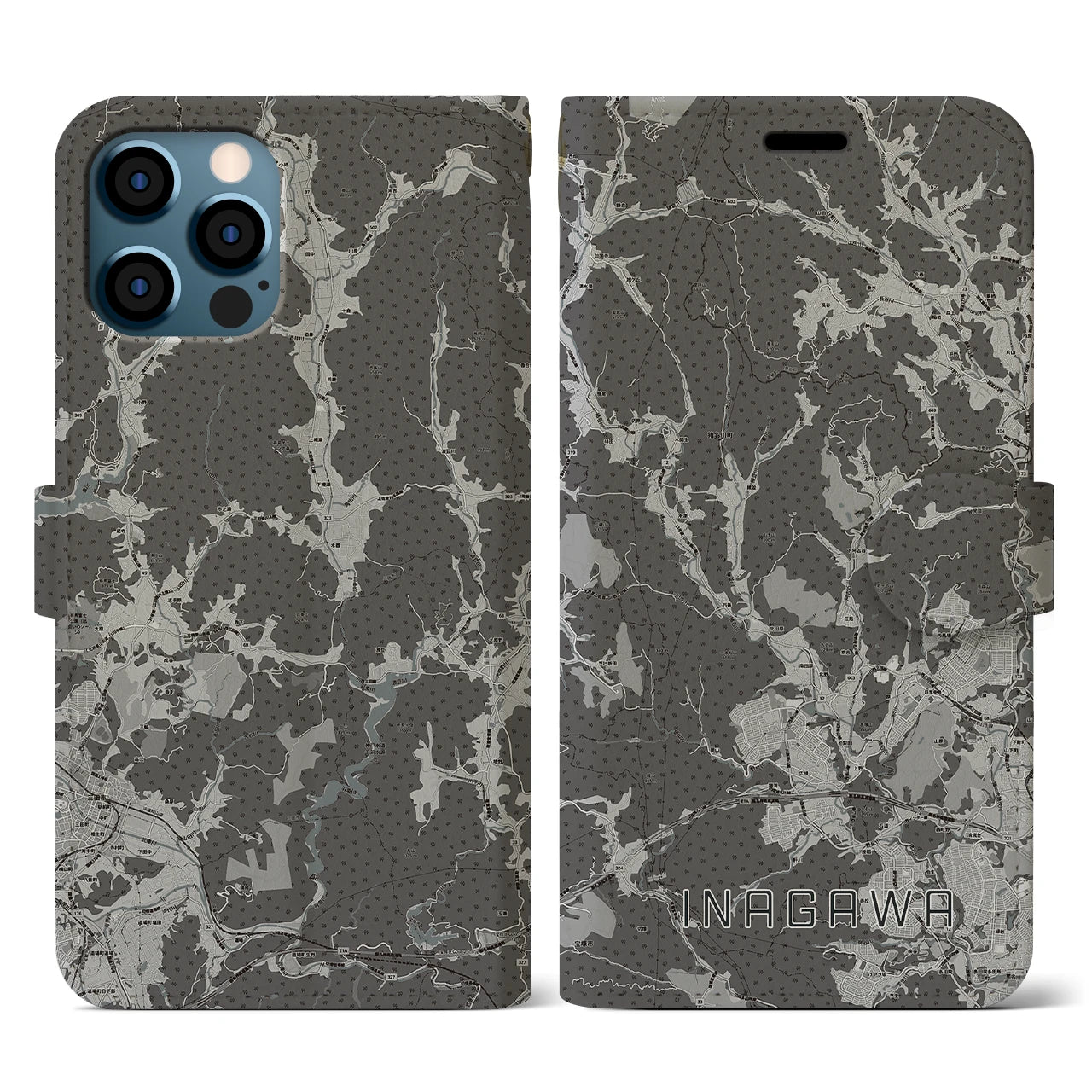 【猪名川(兵庫県)】地図柄iPhoneケース(手帳タイプ)モノトーン・iPhone 12 / 12 Pro 用
