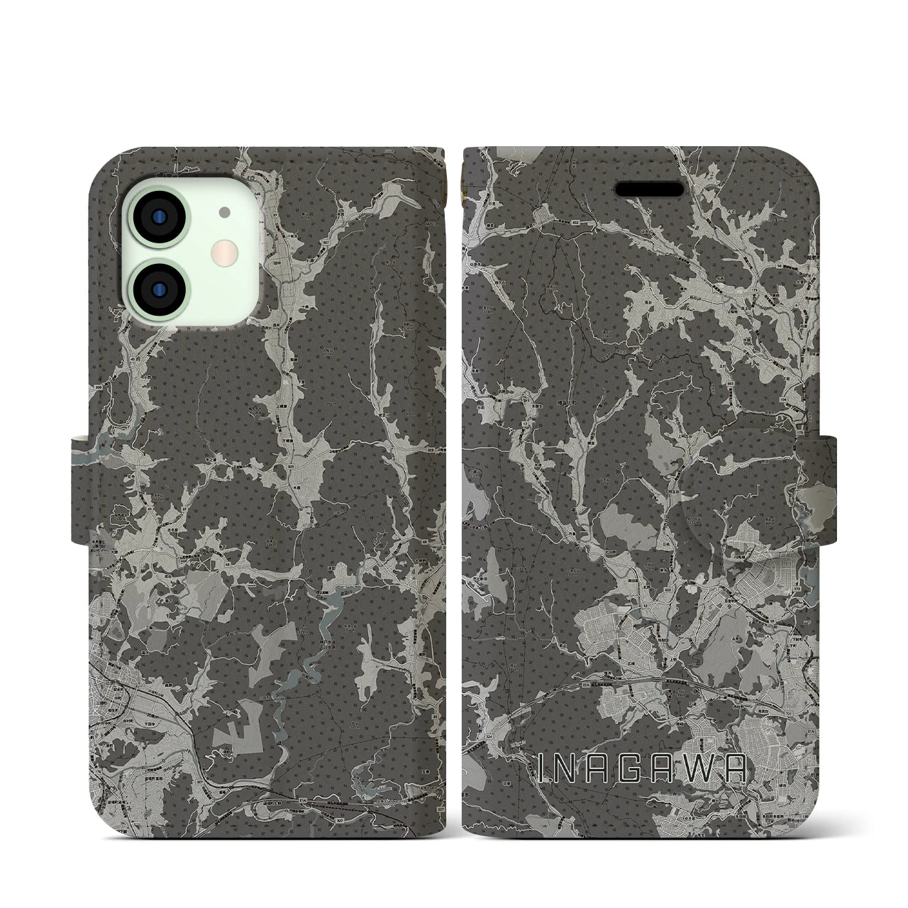 【猪名川(兵庫県)】地図柄iPhoneケース(手帳タイプ)モノトーン・iPhone 12 mini 用