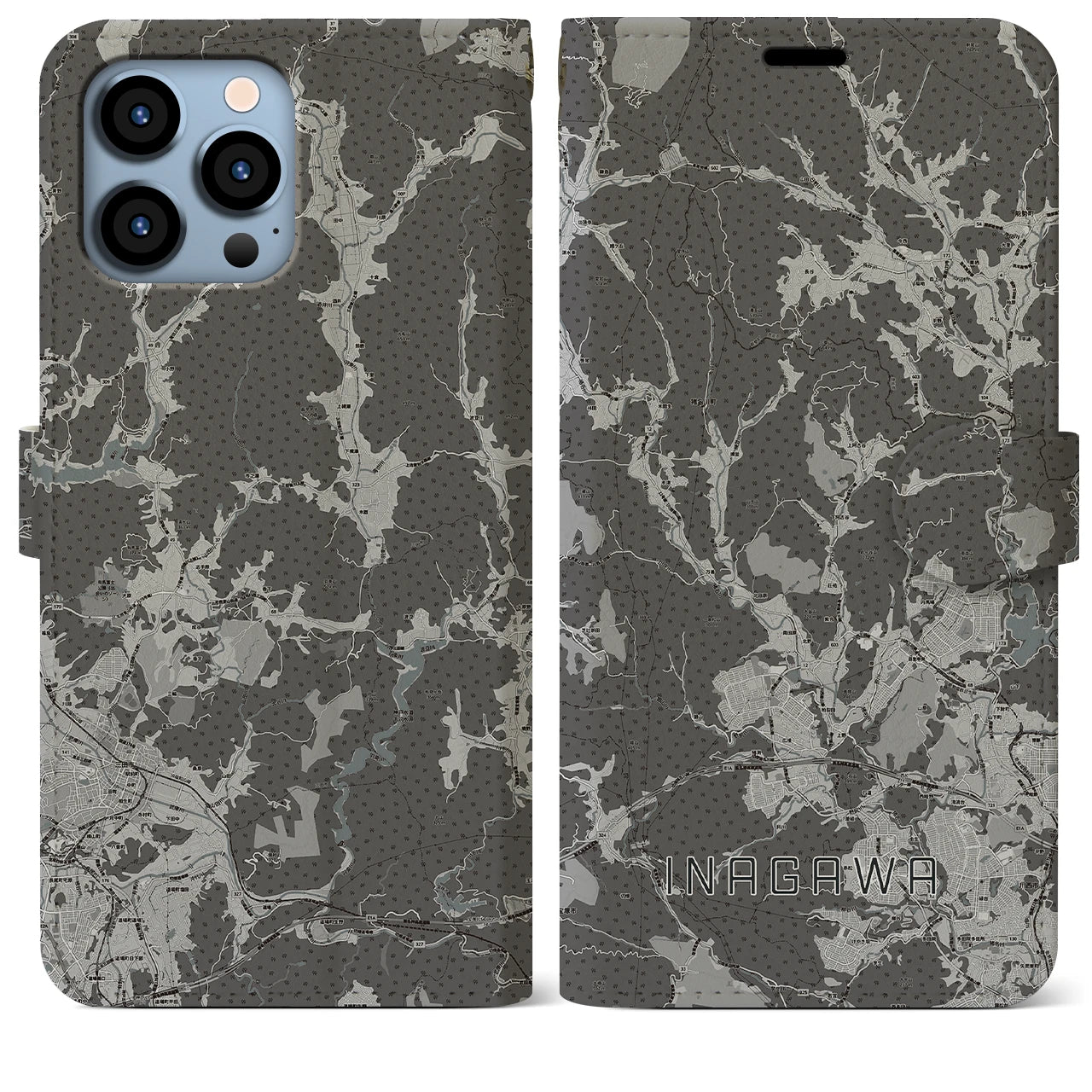 【猪名川(兵庫県)】地図柄iPhoneケース(手帳タイプ)モノトーン・iPhone 13 Pro Max 用