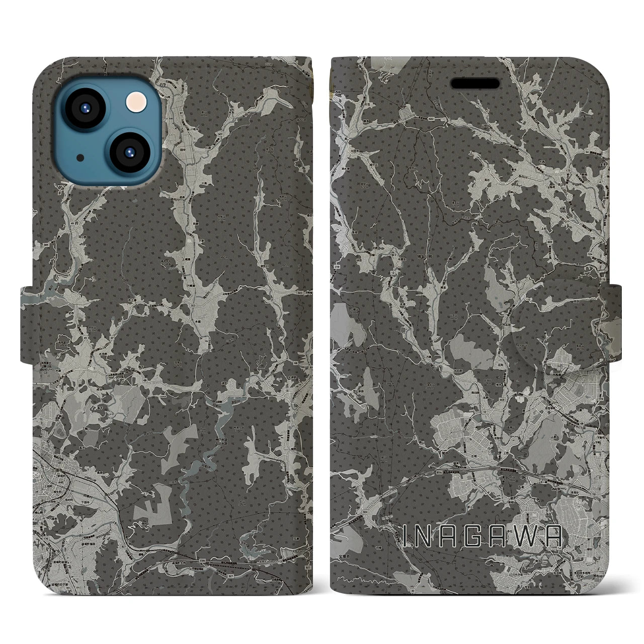 【猪名川(兵庫県)】地図柄iPhoneケース(手帳タイプ)モノトーン・iPhone 13 用