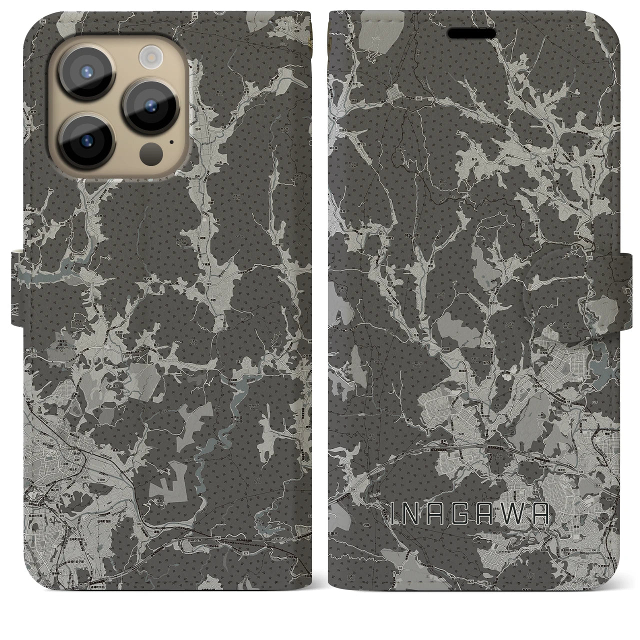 【猪名川(兵庫県)】地図柄iPhoneケース(手帳タイプ)モノトーン・iPhone 14 Pro Max 用