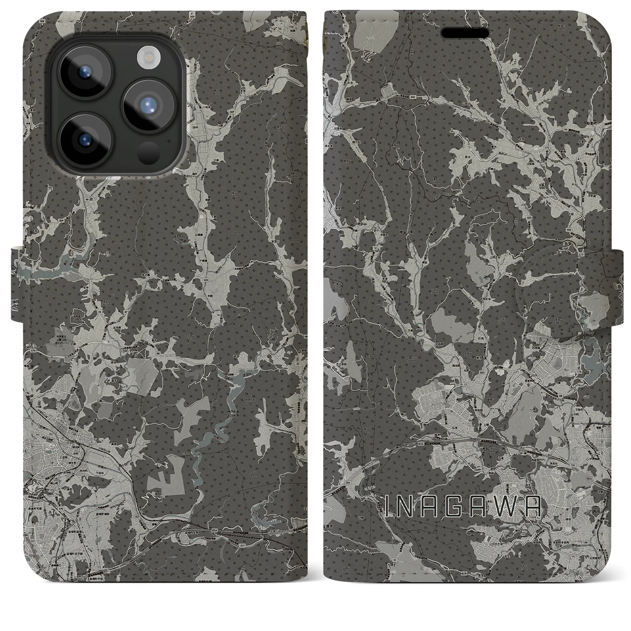 【猪名川(兵庫県)】地図柄iPhoneケース(手帳タイプ)モノトーン・iPhone 15 Pro Max 用