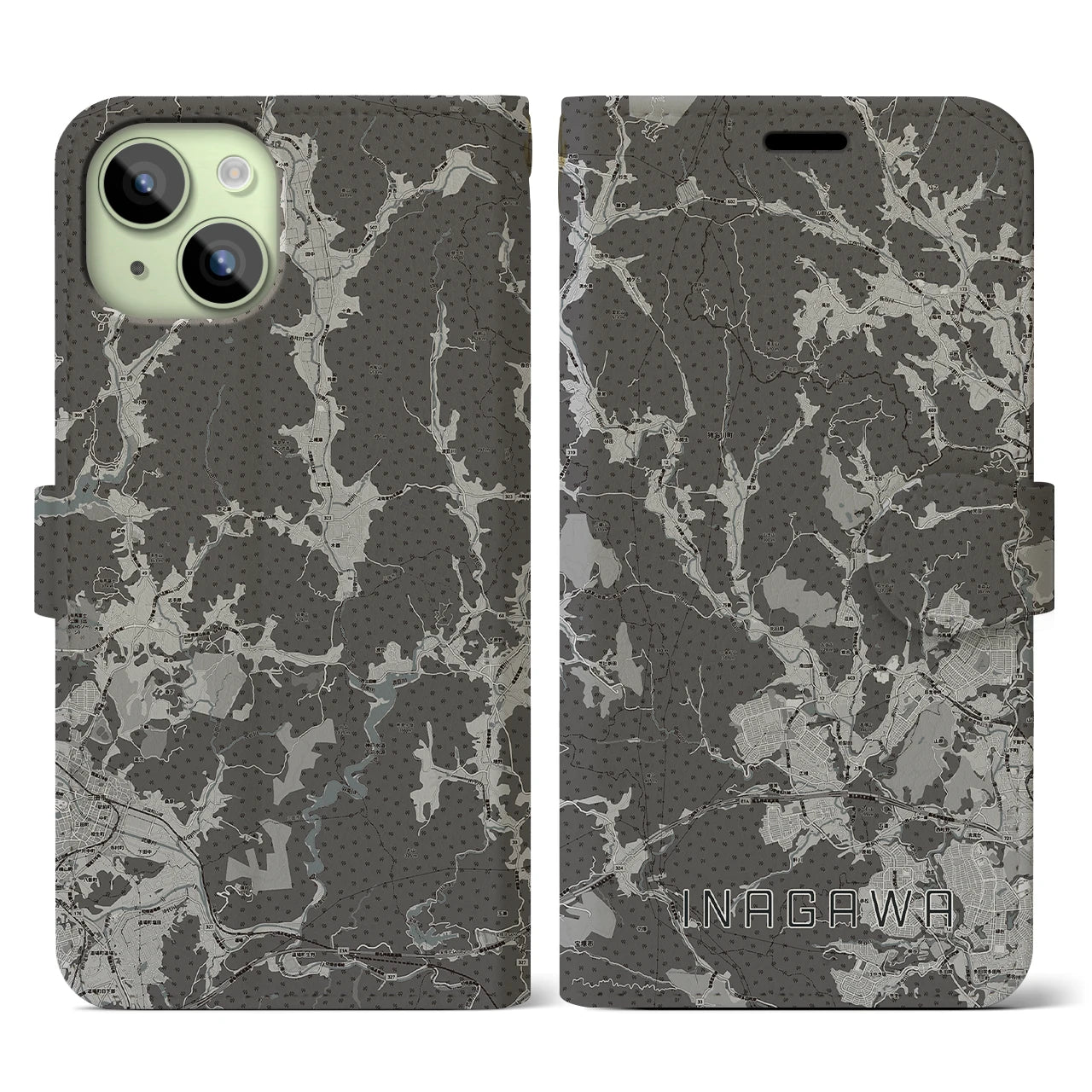 【猪名川(兵庫県)】地図柄iPhoneケース(手帳タイプ)モノトーン・iPhone 15 用